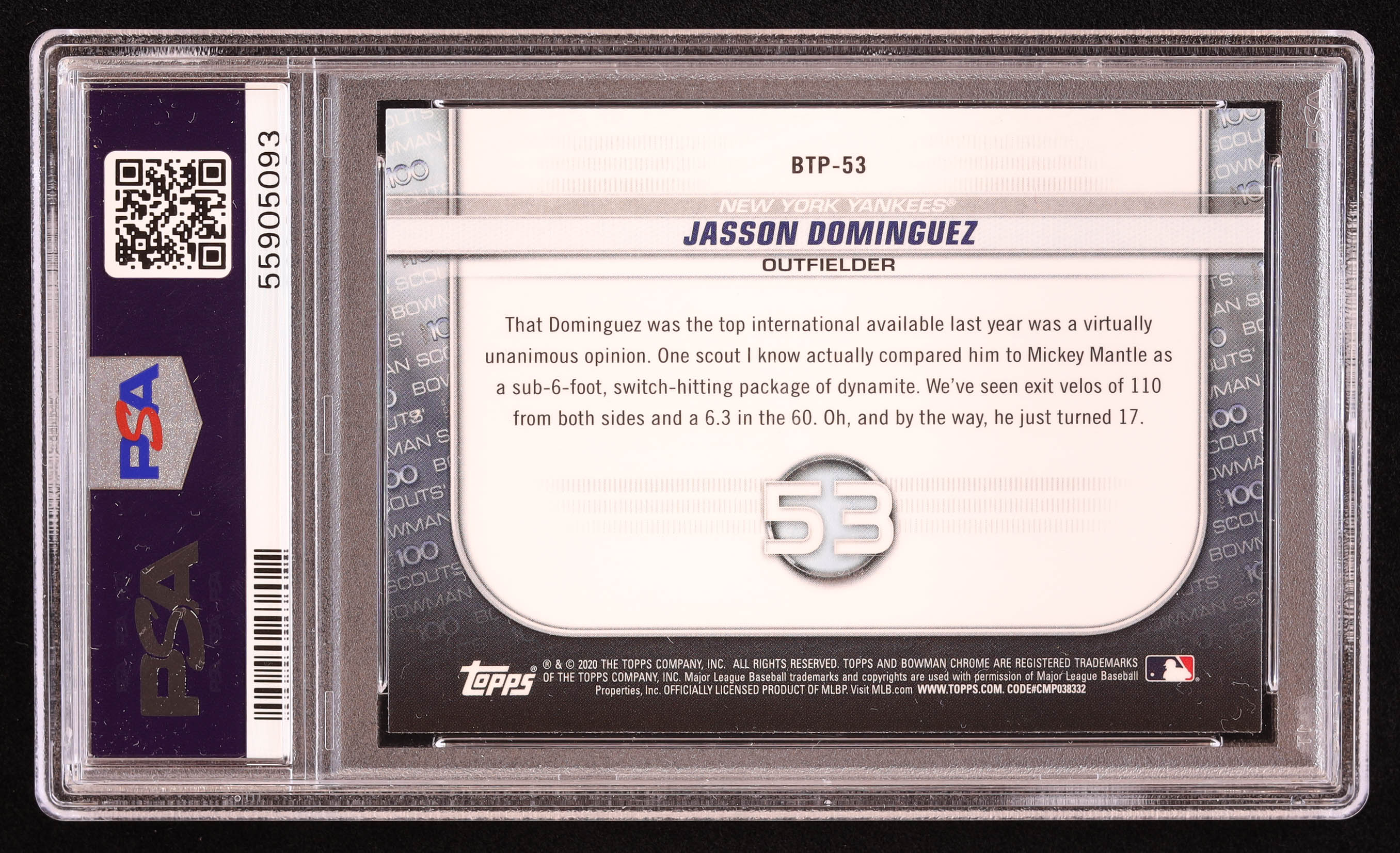 Jasson Dominguez 2020 Bowman Chrome Scouts Top 100 #BTP53 RC (PSA 10) at PristineAuction.com Jasson Dominguez 2020 Bowman Chrome Scouts Top 100 #BTP53 RC (PSA 10) at PristineAuction.com