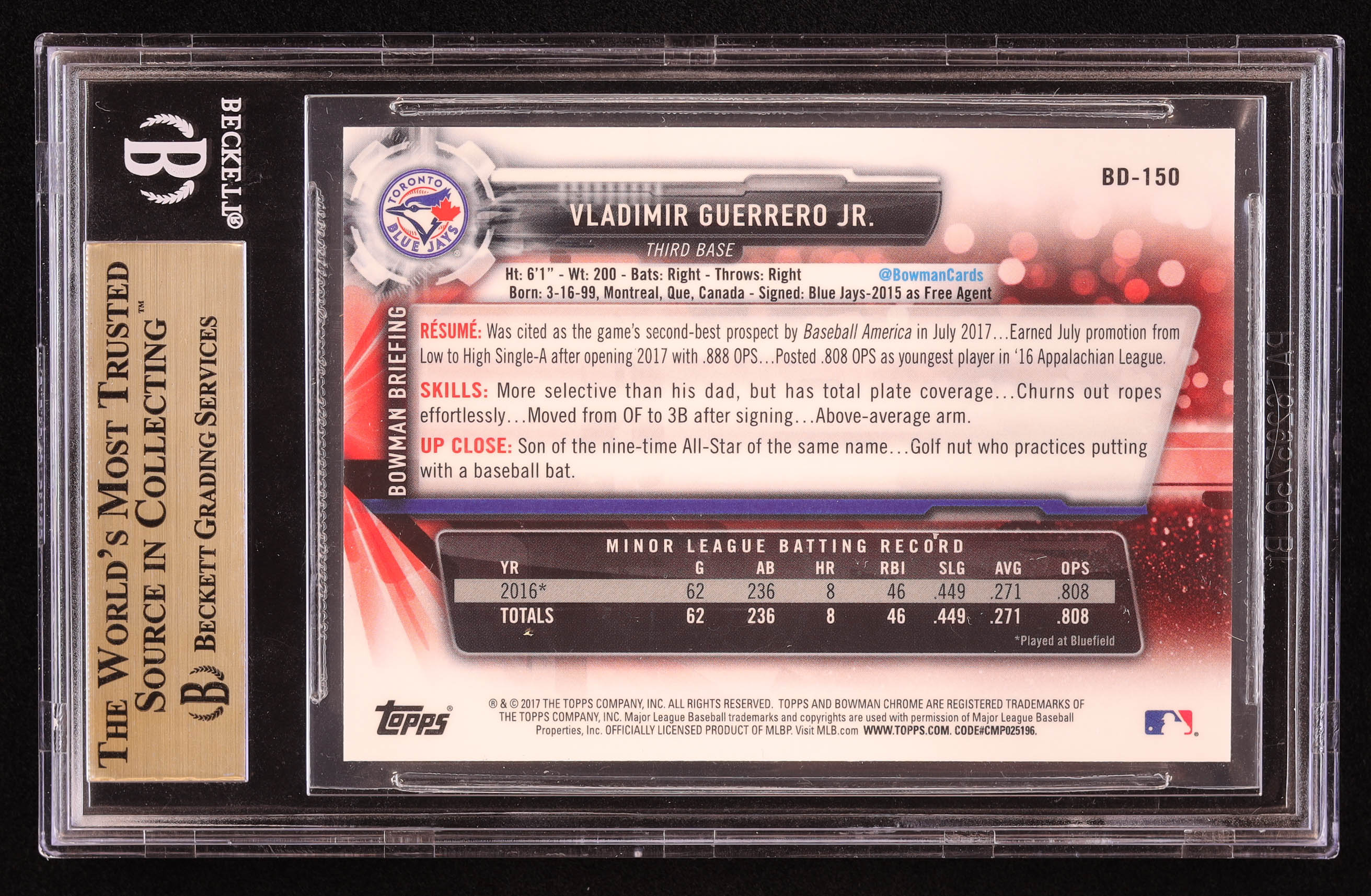 Vladimir Guerrero Jr. 2017 Bowman Draft Facsimile Variations #BD150 RC (BGS 9.5) at PristineAuction.com Vladimir Guerrero Jr. 2017 Bowman Draft Facsimile Variations #BD150 RC (BGS 9.5) at PristineAuction.com