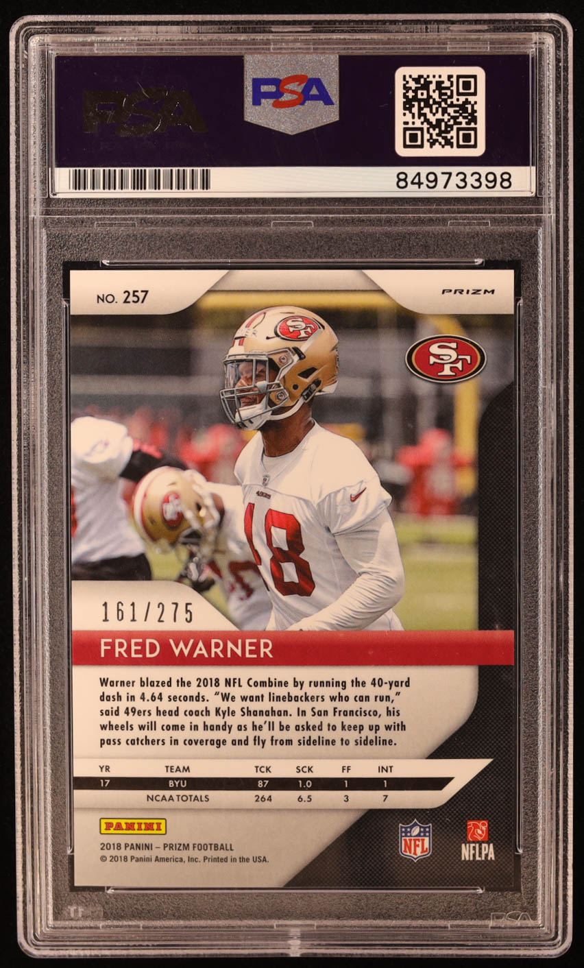 Fred Warner Signed 2018 Panini Prizm Prizms Hyper #98 RC #161/275 (PSA | Autograph Graded PSA 10) at PristineAuction.com Fred Warner Signed 2018 Panini Prizm Prizms Hyper #98 RC #161/275 (PSA | Autograph Graded PSA 10) at PristineAuction.com