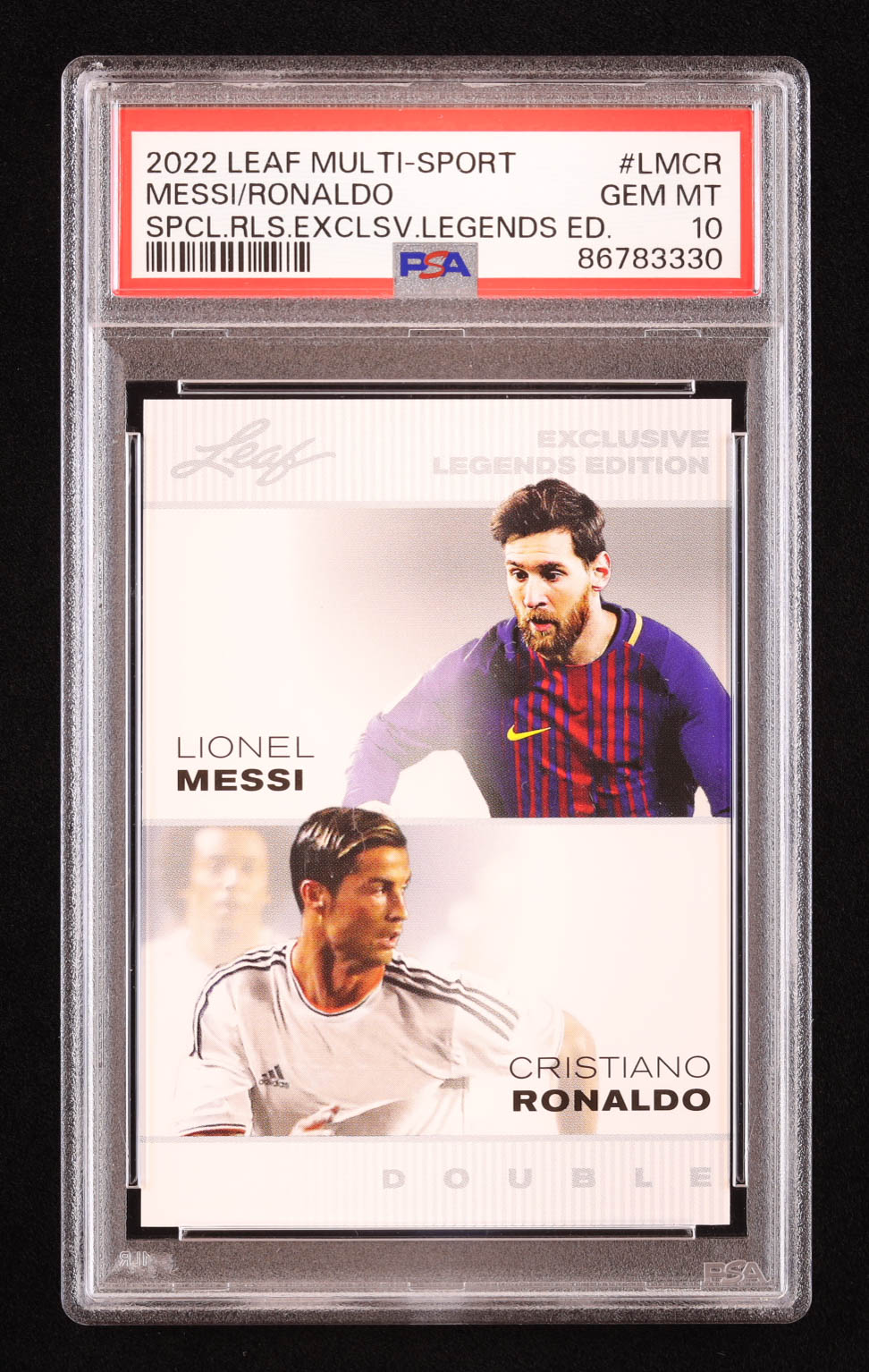 Lionel Messi / Cristiano Ronaldo 2022 Leaf Special Release Exclusive Legends Edition Double #LMCR (PSA 10) at PristineAuction.com Lionel Messi / Cristiano Ronaldo 2022 Leaf Special Release Exclusive Legends Edition Double #LMCR (PSA 10) at PristineAuction.com