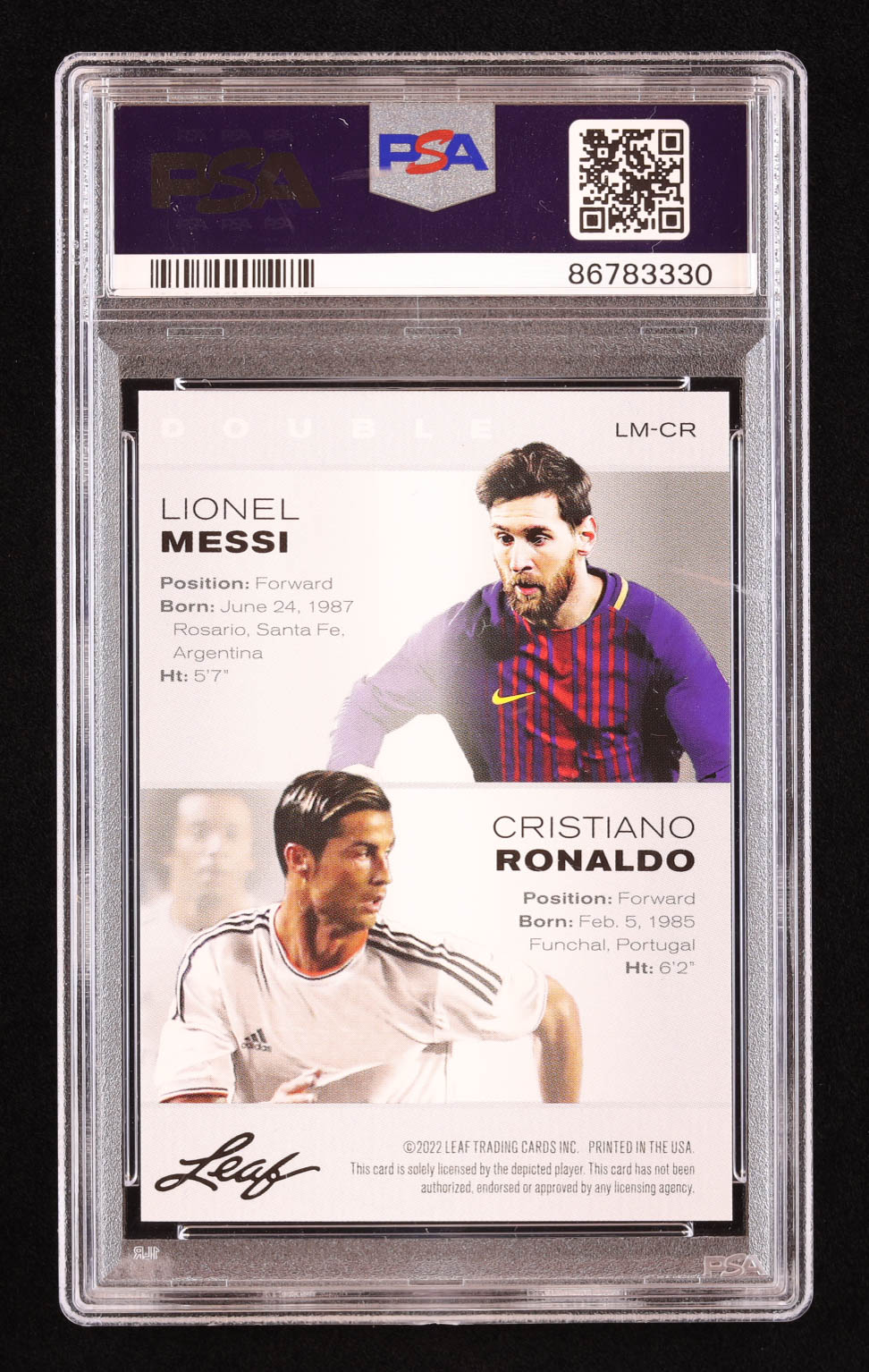 Lionel Messi / Cristiano Ronaldo 2022 Leaf Special Release Exclusive Legends Edition Double #LMCR (PSA 10) at PristineAuction.com Lionel Messi / Cristiano Ronaldo 2022 Leaf Special Release Exclusive Legends Edition Double #LMCR (PSA 10) at PristineAuction.com