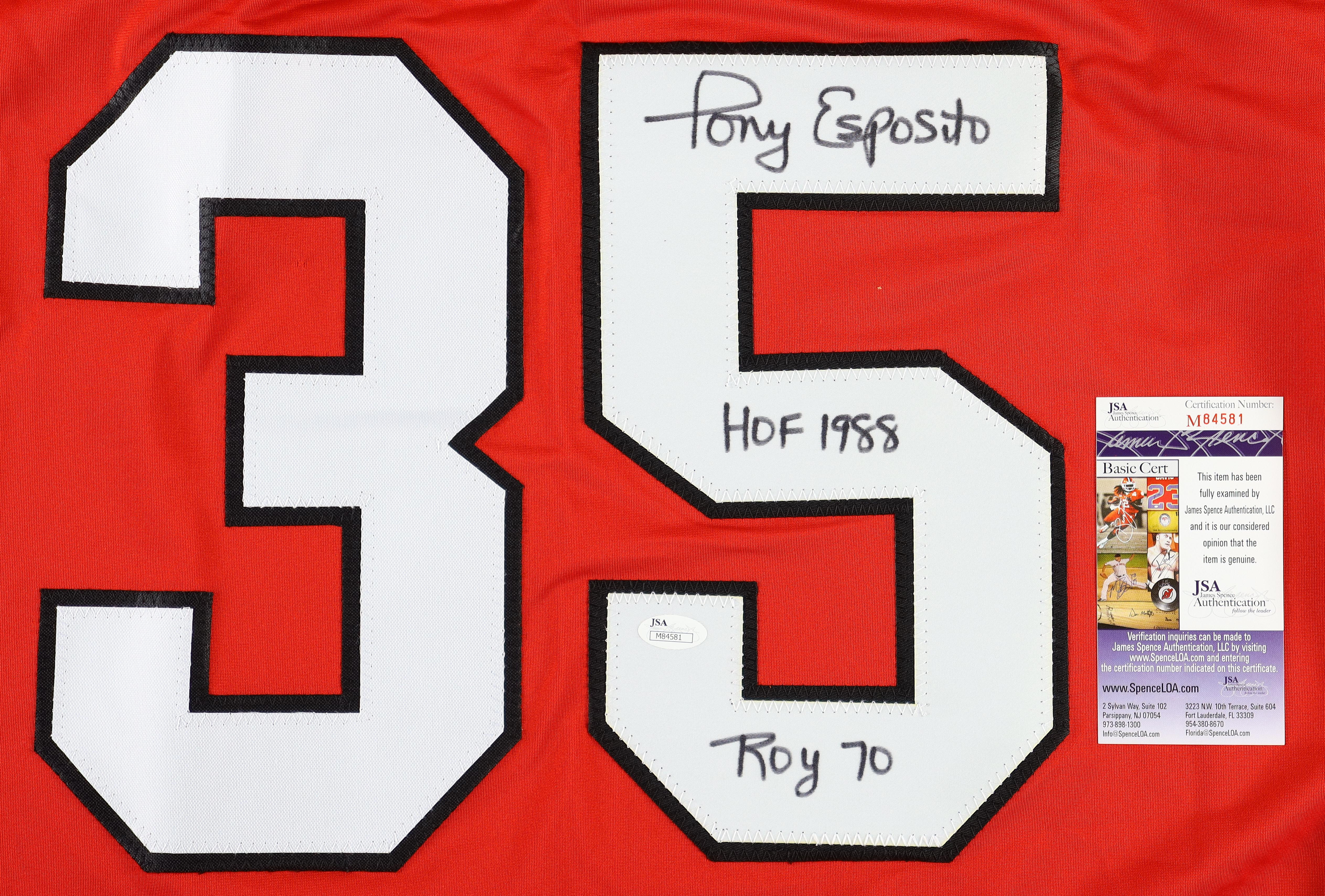 Tony Esposito Signed Jersey Inscribed "HOF 1988" & "Roy 70" (JSA) at PristineAuction.com Tony Esposito Signed Jersey Inscribed "HOF 1988" & "Roy 70" (JSA) at PristineAuction.com