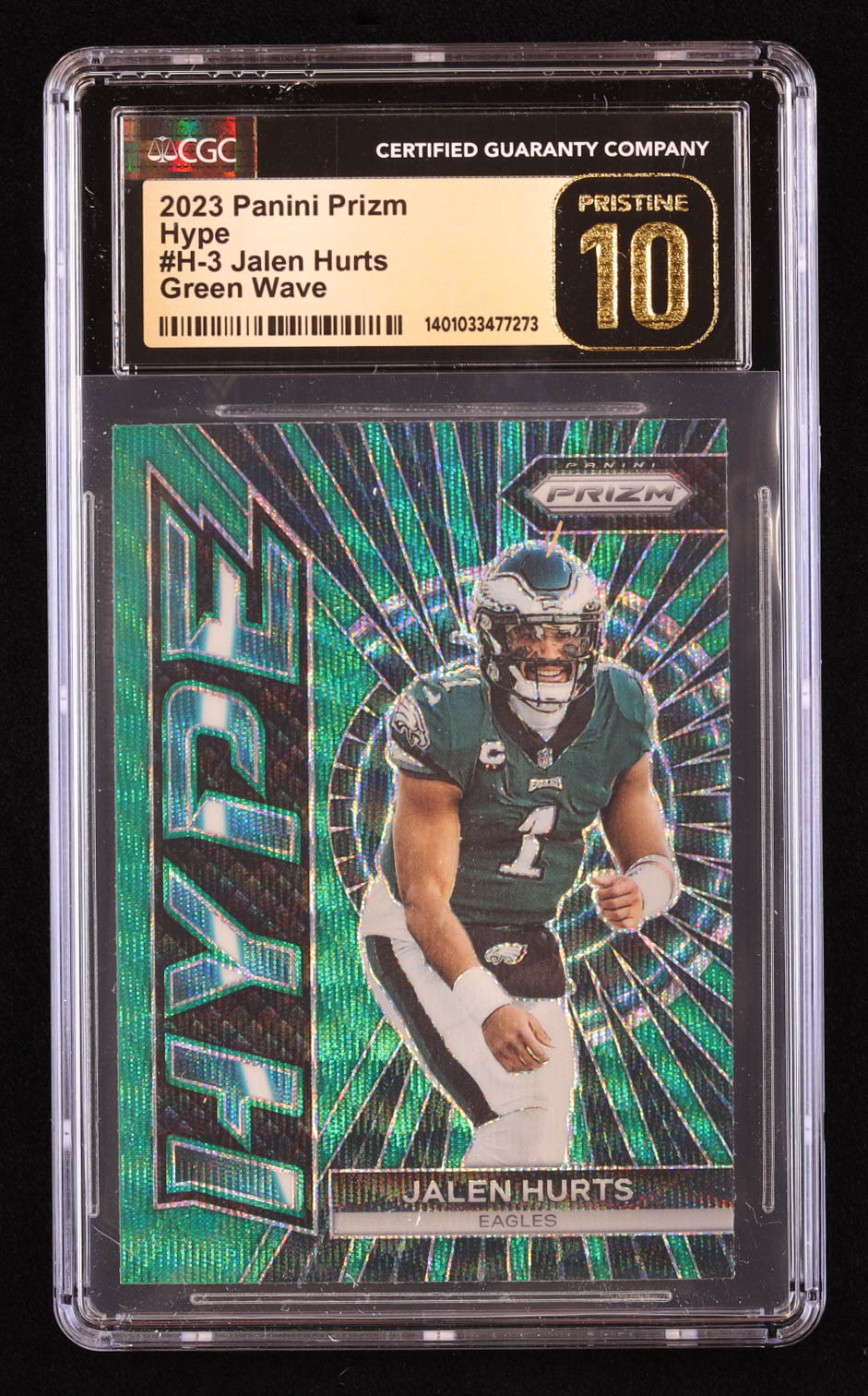 Jalen Hurts 2023 Panini Prizm Hype Prizms Green Wave #2 (CGC 10 | Pristine Black Label) at PristineAuction.com Jalen Hurts 2023 Panini Prizm Hype Prizms Green Wave #2 (CGC 10 | Pristine Black Label) at PristineAuction.com