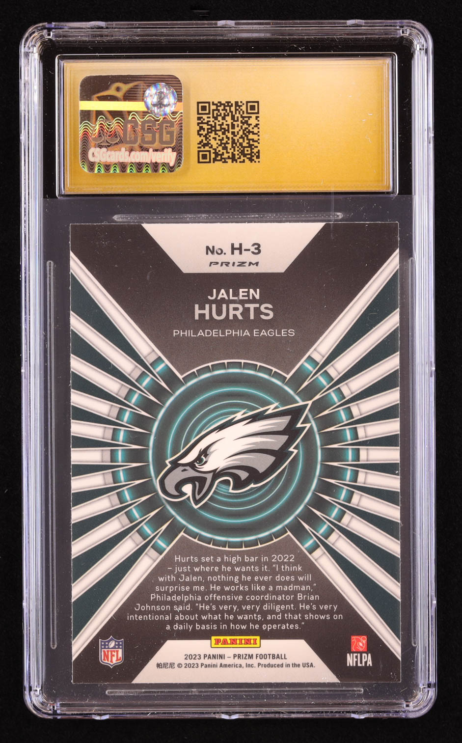 Jalen Hurts 2023 Panini Prizm Hype Prizms Green Wave #2 (CGC 10 | Pristine Black Label) at PristineAuction.com Jalen Hurts 2023 Panini Prizm Hype Prizms Green Wave #2 (CGC 10 | Pristine Black Label) at PristineAuction.com