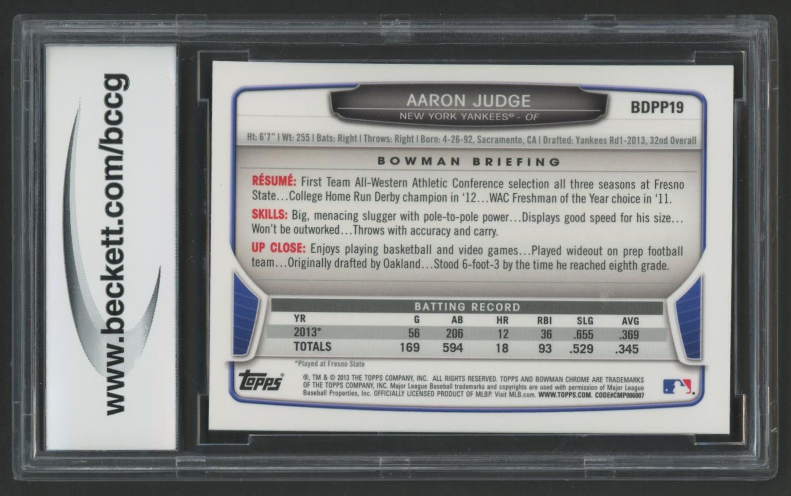 Aaron Judge 2013 Bowman Chrome Draft Draft Picks #BDPP19 (BCCG 10) at PristineAuction.com Aaron Judge 2013 Bowman Chrome Draft Draft Picks #BDPP19 (BCCG 10) at PristineAuction.com