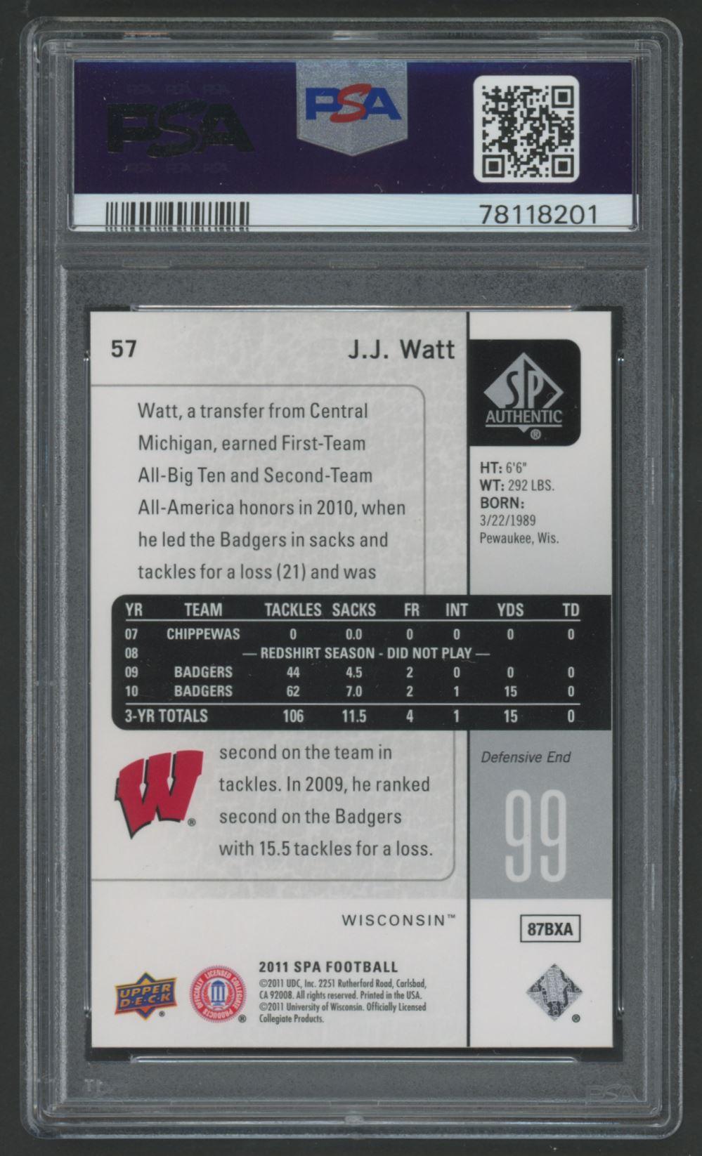 J.J. Watt 2011 SP Authentic #57 (PSA 10) at PristineAuction.com J.J. Watt 2011 SP Authentic #57 (PSA 10) at PristineAuction.com