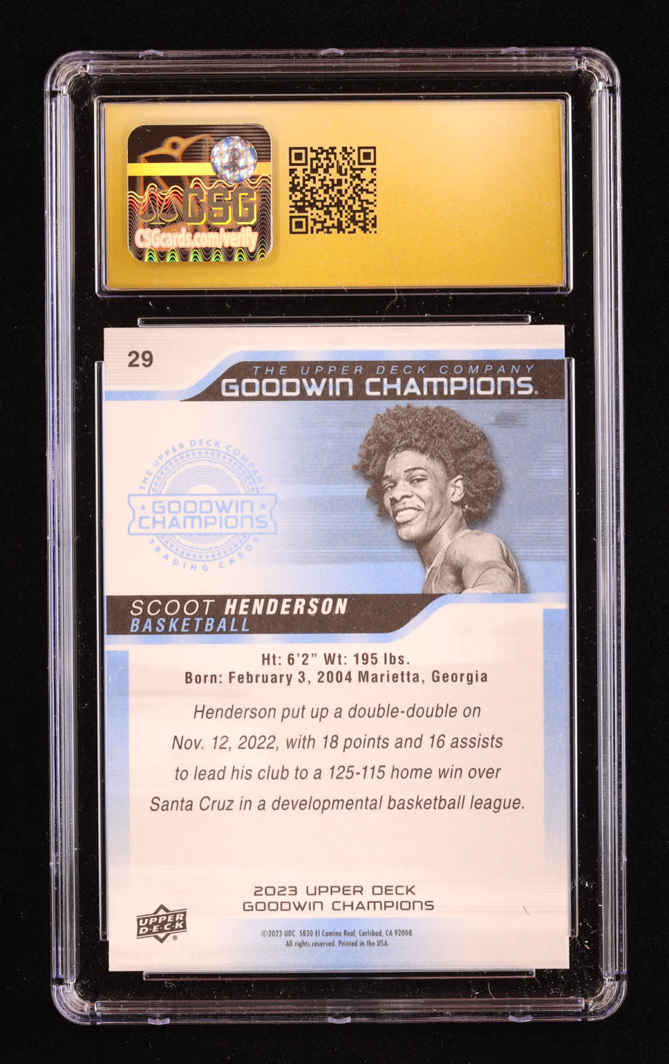 Scoot Henderson 2023 Upper Deck Goodwin Champions #29 RC (CGC 10 | Pristine Black Label) at PristineAuction.com Scoot Henderson 2023 Upper Deck Goodwin Champions #29 RC (CGC 10 | Pristine Black Label) at PristineAuction.com