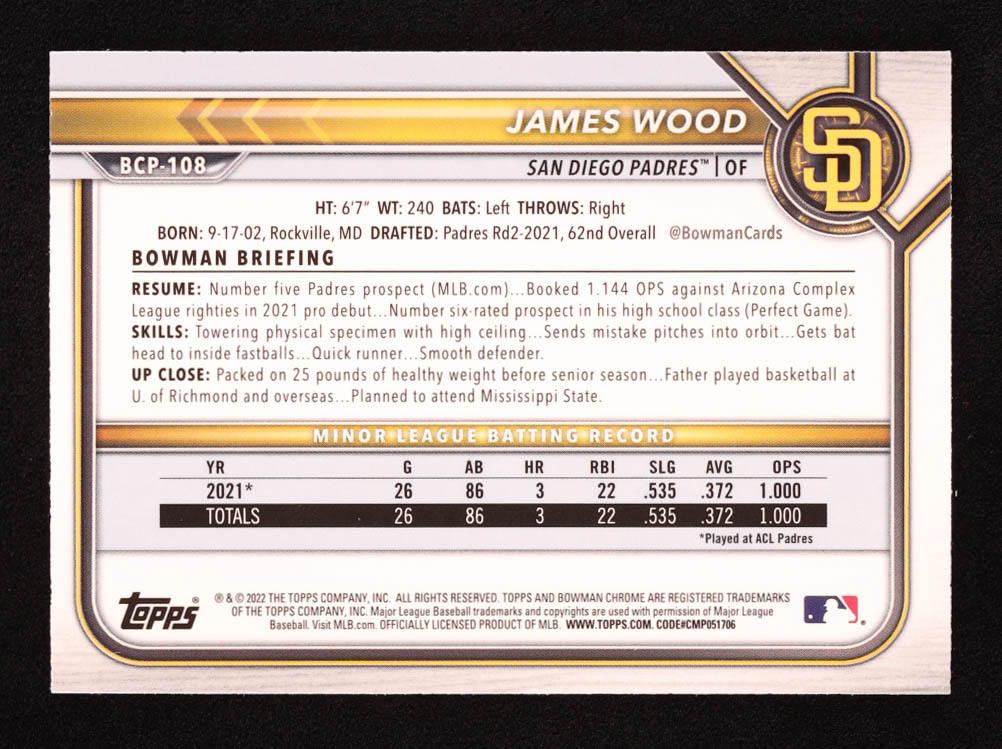 James Wood 2022 Bowman Chrome Prospects Atomic Refractor #BCP108 RC at PristineAuction.com James Wood 2022 Bowman Chrome Prospects Atomic Refractor #BCP108 RC at PristineAuction.com