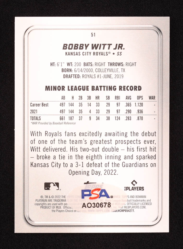 Bobby Witt Jr. Signed 2022 Bowman Platinum #51 RC (PSA) at PristineAuction.com Bobby Witt Jr. Signed 2022 Bowman Platinum #51 RC (PSA) at PristineAuction.com