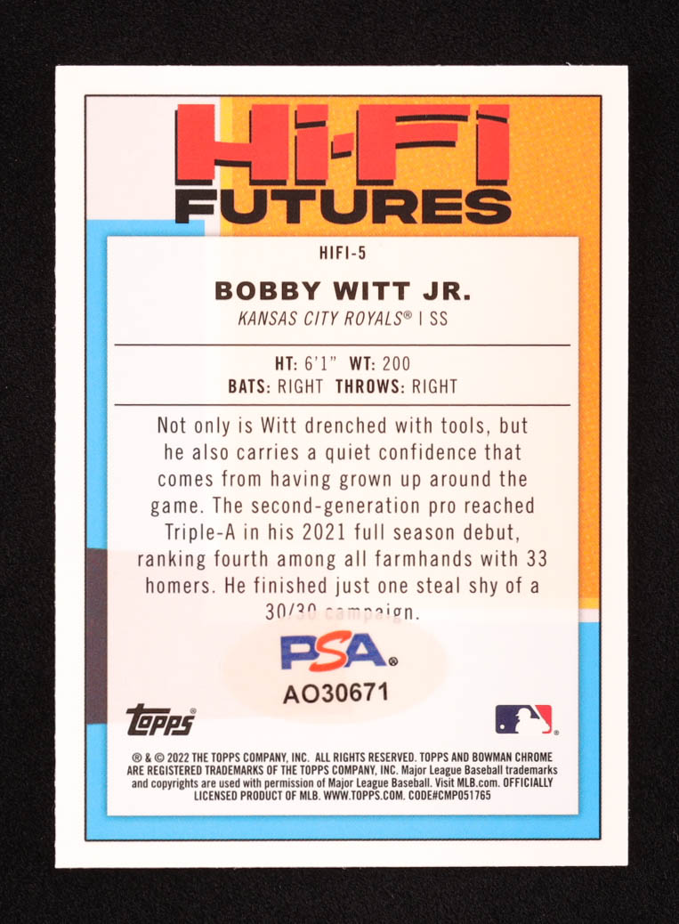 Bobby Witt Jr. Signed 2022 Bowman Chrome Hi-Fi Futures #HIFI5 RC (PSA) at PristineAuction.com Bobby Witt Jr. Signed 2022 Bowman Chrome Hi-Fi Futures #HIFI5 RC (PSA) at PristineAuction.com