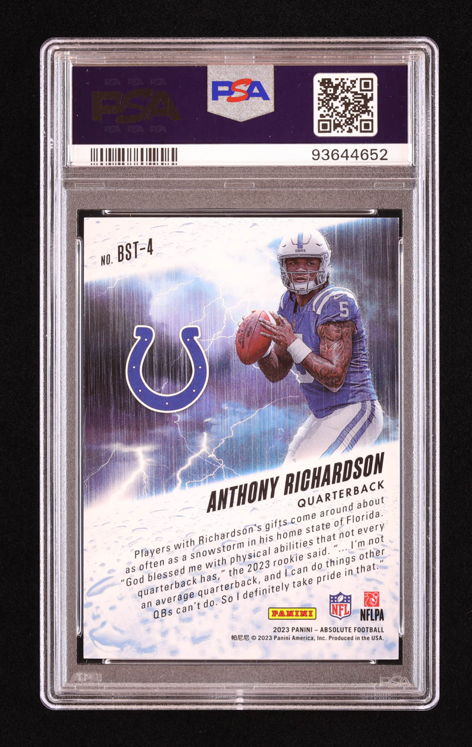 Anthony Richardson 2023 Absolute By Storm Blue #4 RC #9/50 (PSA 9) at PristineAuction.com Anthony Richardson 2023 Absolute By Storm Blue #4 RC #9/50 (PSA 9) at PristineAuction.com