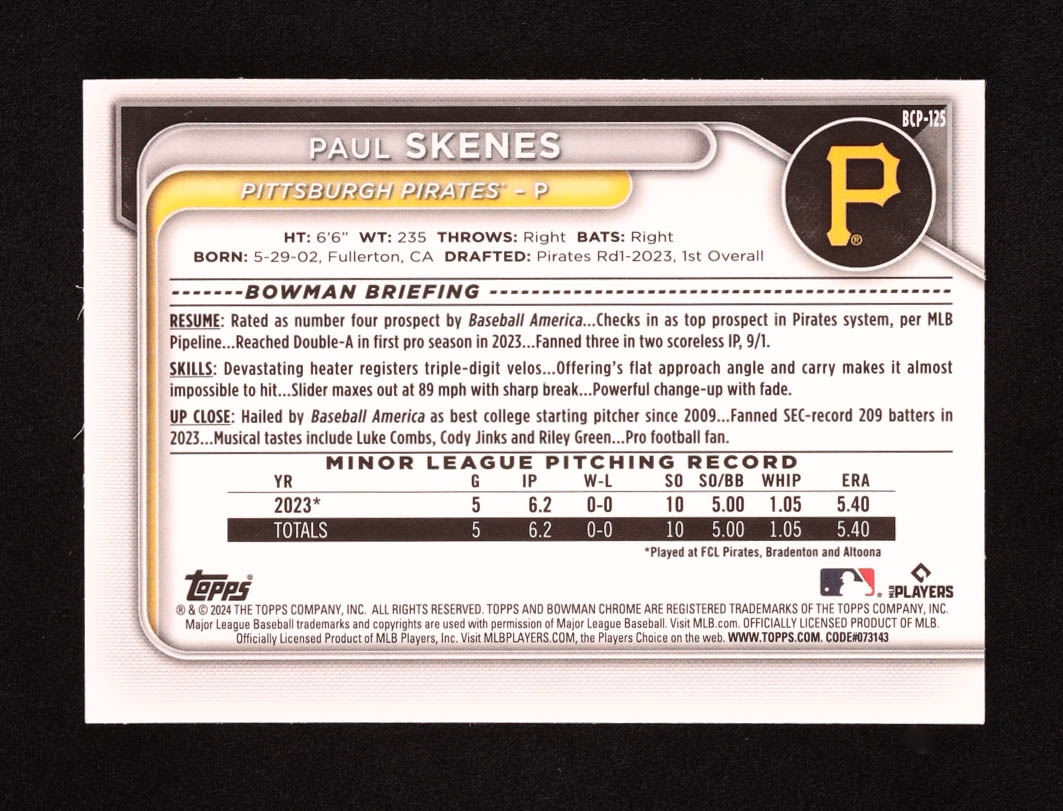 Paul Skenes 2024 Bowman Chrome Prospects #BCP125 RC at PristineAuction.com Paul Skenes 2024 Bowman Chrome Prospects #BCP125 RC at PristineAuction.com