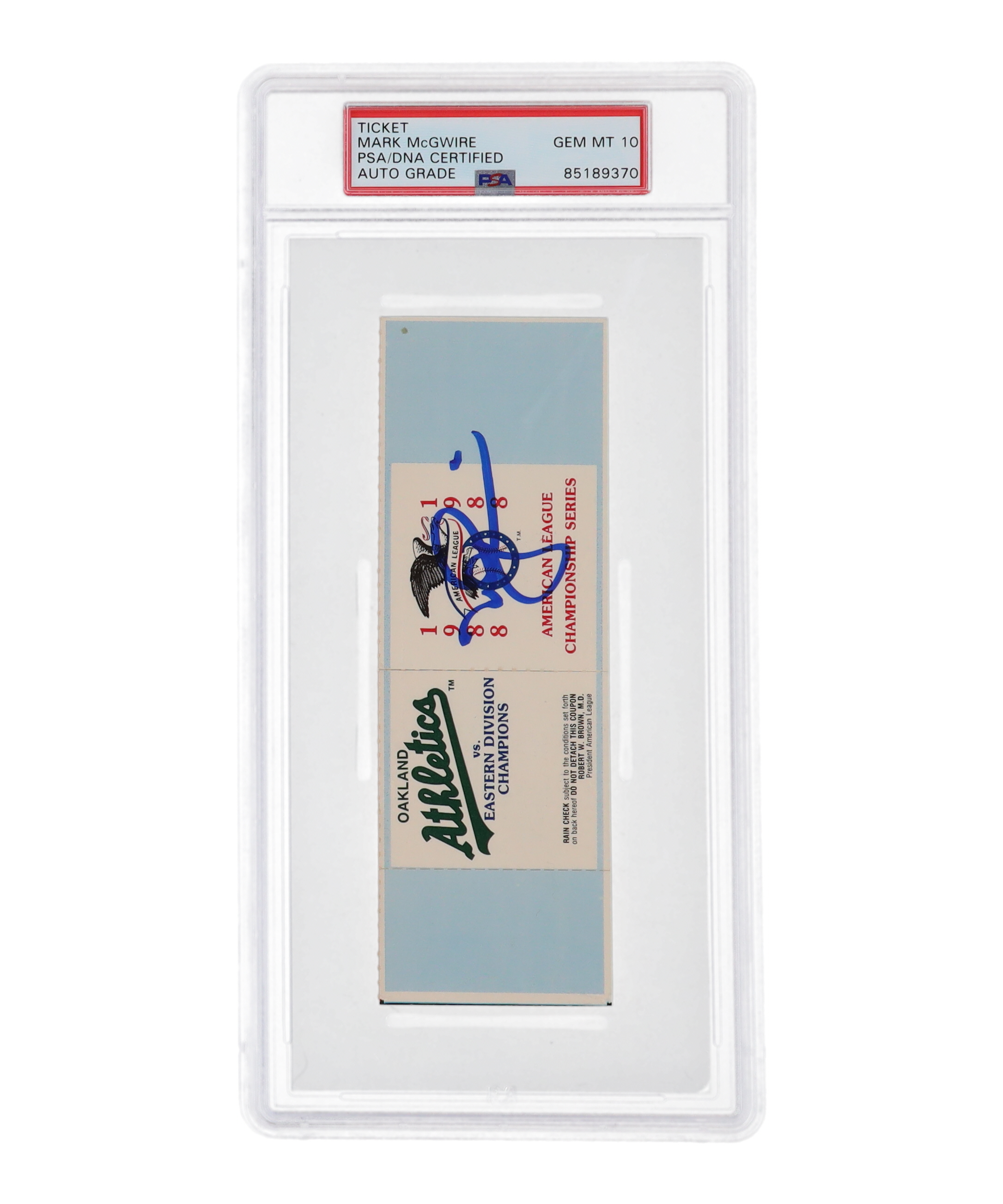 Mark McGwire Signed Athletics 1988 American League Championship Series Ticket (PSA | Auto Grade 10) at PristineAuction.com Mark McGwire Signed Athletics 1988 American League Championship Series Ticket (PSA | Auto Grade 10) at PristineAuction.com