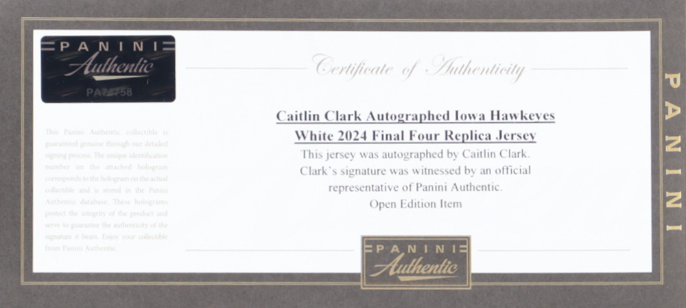 Caitlin Clark Signed Hawkeyes Jersey With 2024 Final Four Patch & Original Panini Box (Panini) at PristineAuction.com Caitlin Clark Signed Hawkeyes Jersey With 2024 Final Four Patch & Original Panini Box (Panini) at PristineAuction.com
