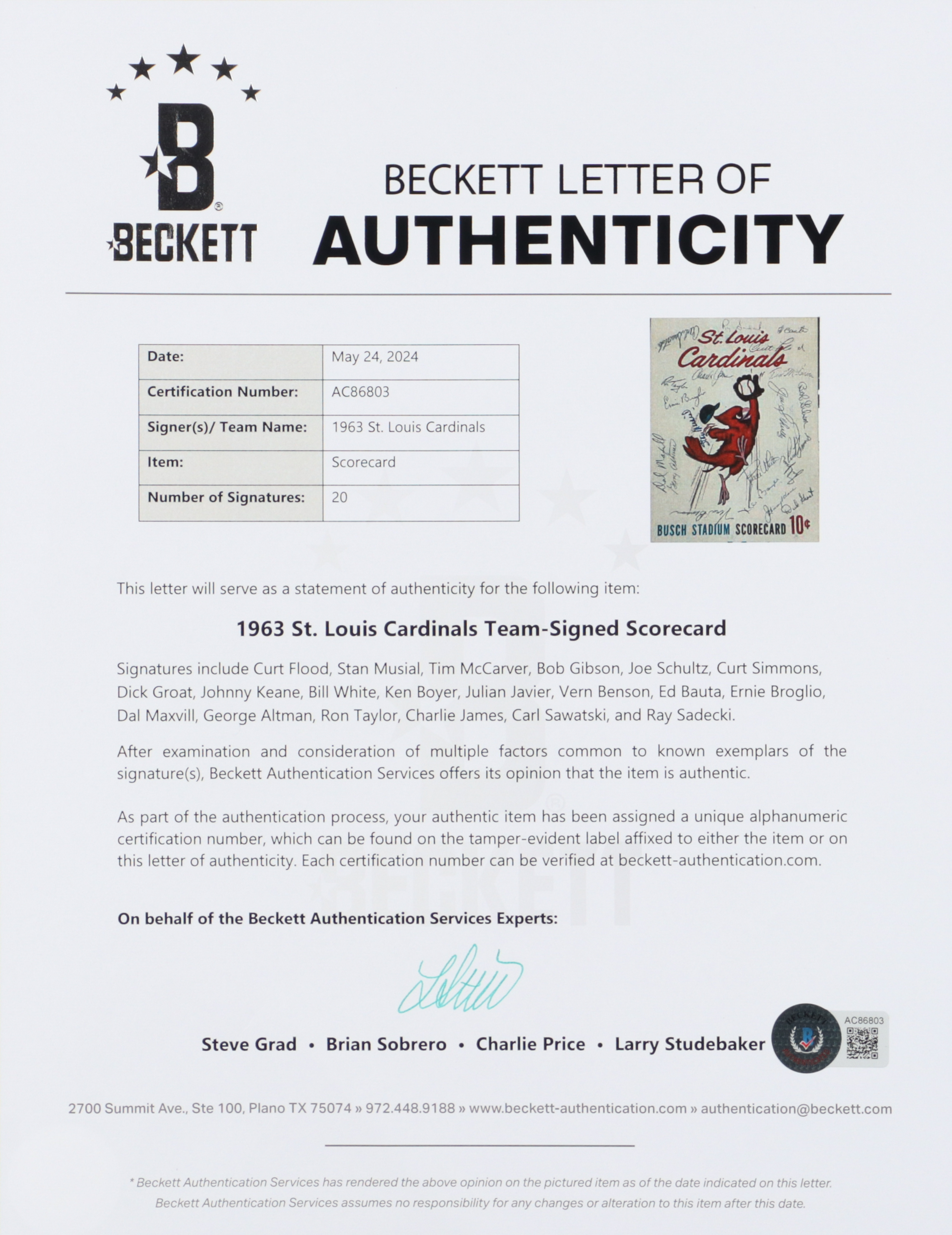 1963 Cardinals Scorecard Team-Signed By (20) with Stan Musial, Bob Gibson, Curt Flood, Tim McCarver (Beckett) at PristineAuction.com 1963 Cardinals Scorecard Team-Signed By (20) with Stan Musial, Bob Gibson, Curt Flood, Tim McCarver (Beckett) at PristineAuction.com