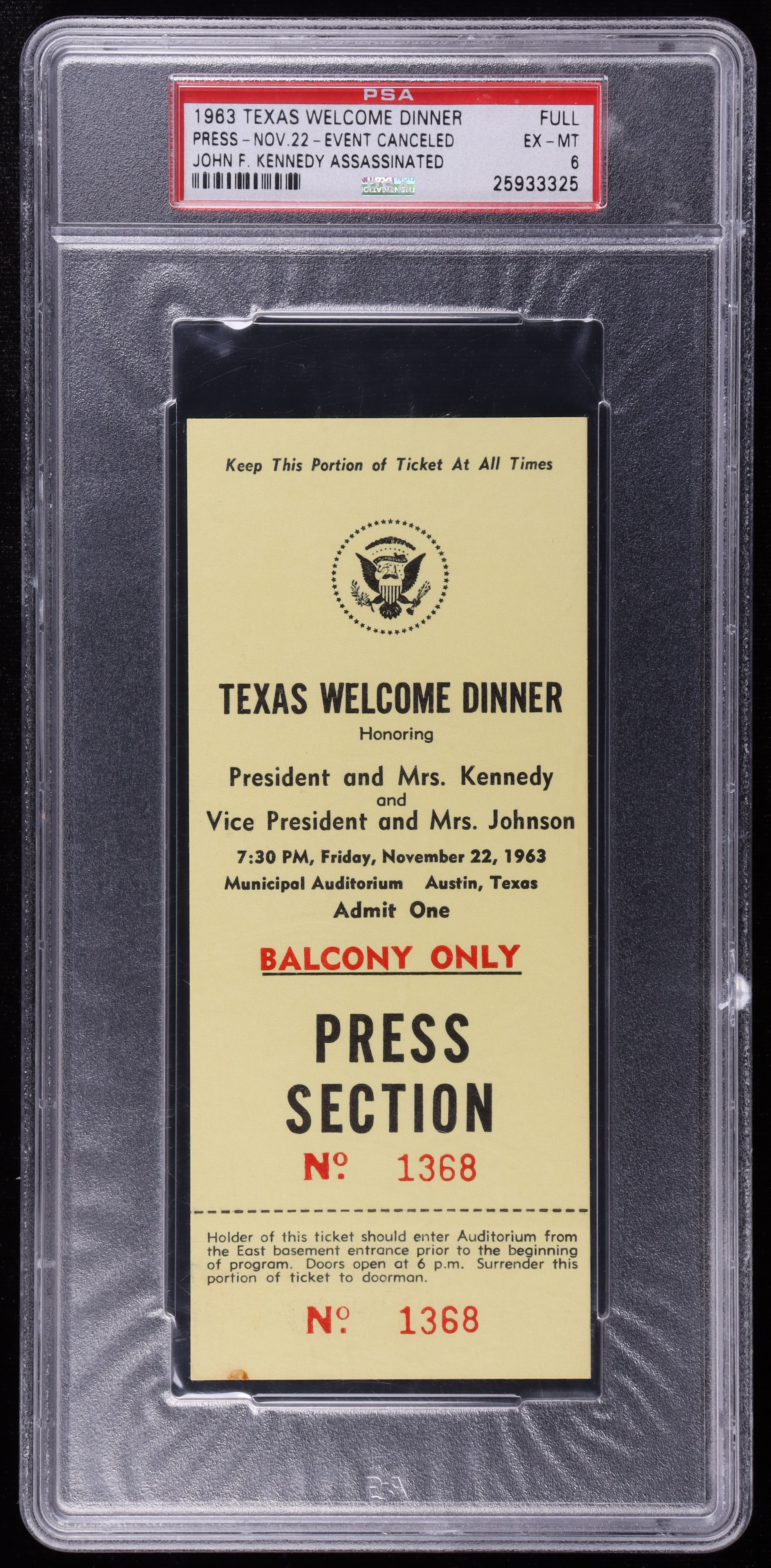 Original 1963 Texas Welcome Dinner For President John F. Kennedy | Event Cancelled Due to Assassination of Kennedy (PSA 6) at PristineAuction.com Original 1963 Texas Welcome Dinner For President John F. Kennedy | Event Cancelled Due to Assassination of Kennedy (PSA 6) at PristineAuction.com