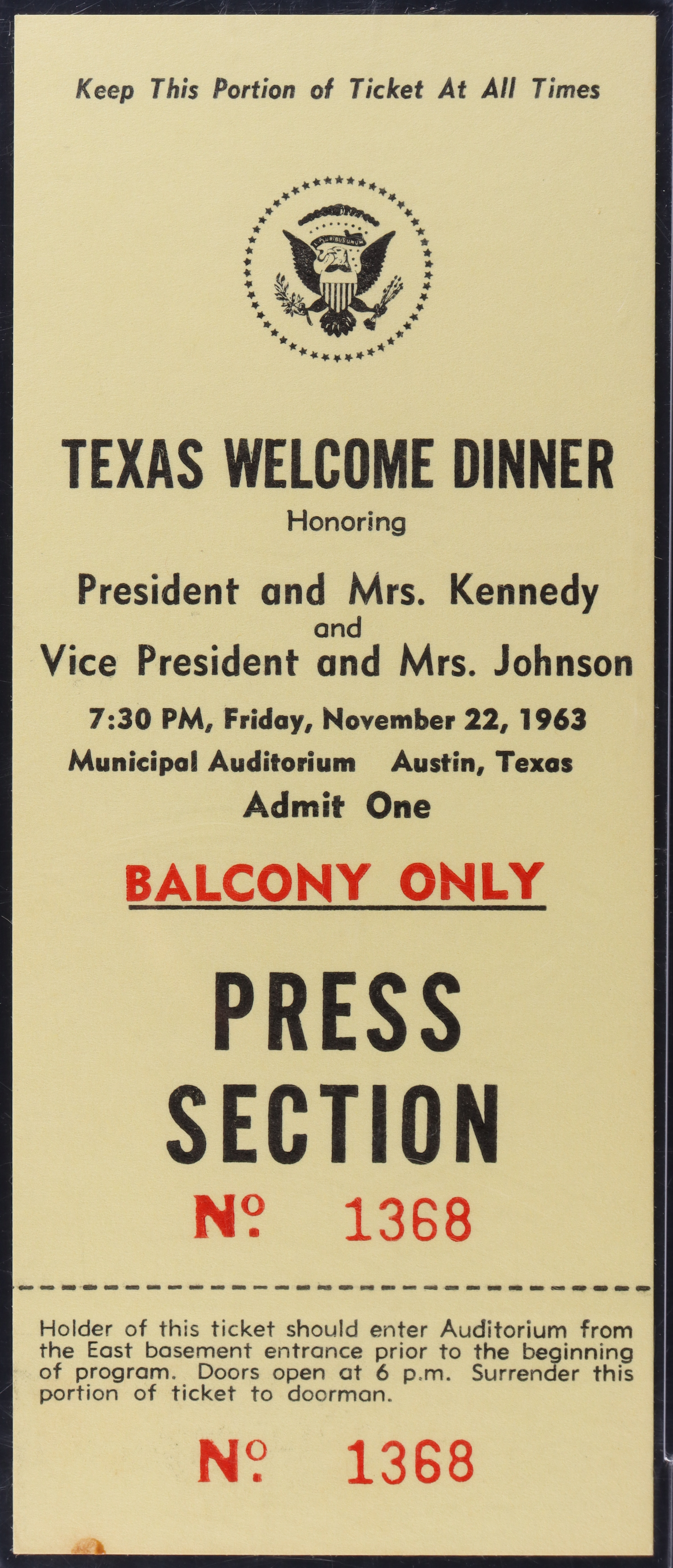 Original 1963 Texas Welcome Dinner For President John F. Kennedy | Event Cancelled Due to Assassination of Kennedy (PSA 6) at PristineAuction.com Original 1963 Texas Welcome Dinner For President John F. Kennedy | Event Cancelled Due to Assassination of Kennedy (PSA 6) at PristineAuction.com