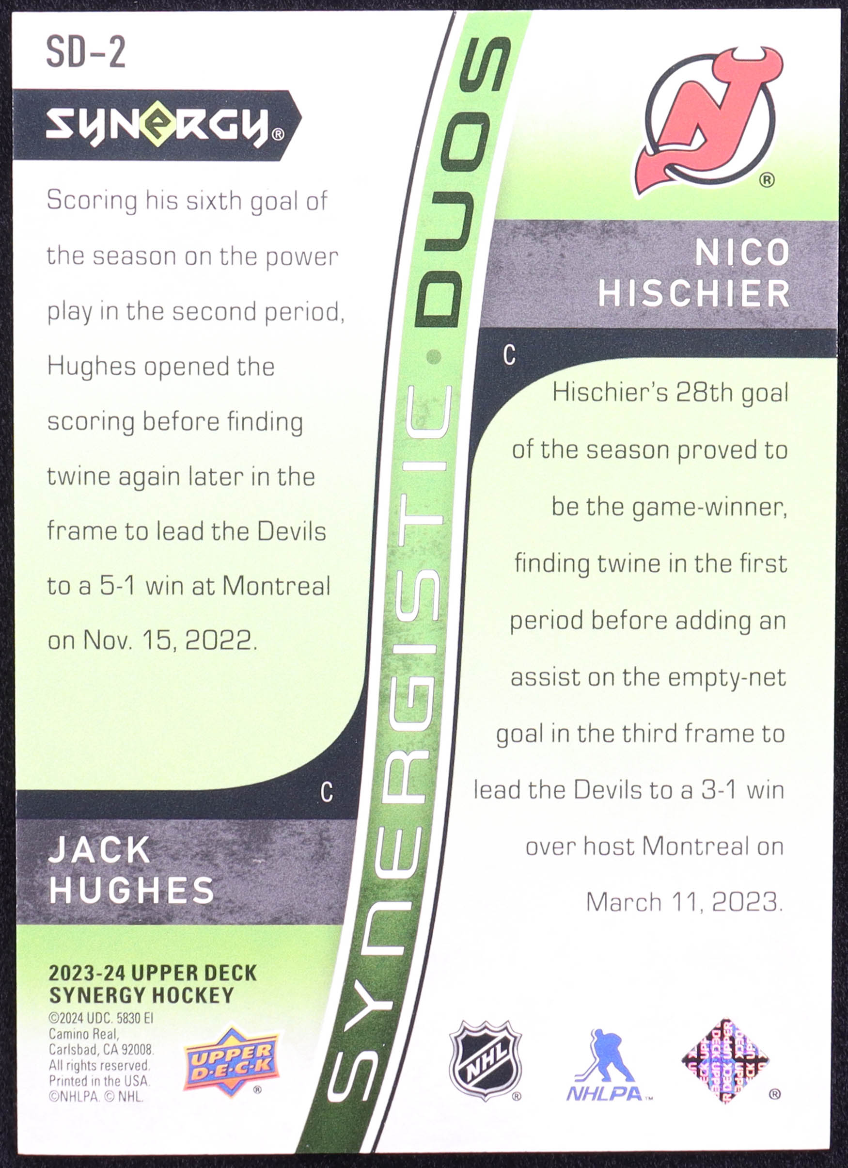 Jack Hughes / Nico Hischier 2023-24 Synergy Synergistic Duos Star Star #SD2 #866/999 at PristineAuction.com Jack Hughes / Nico Hischier 2023-24 Synergy Synergistic Duos Star Star #SD2 #866/999 at PristineAuction.com