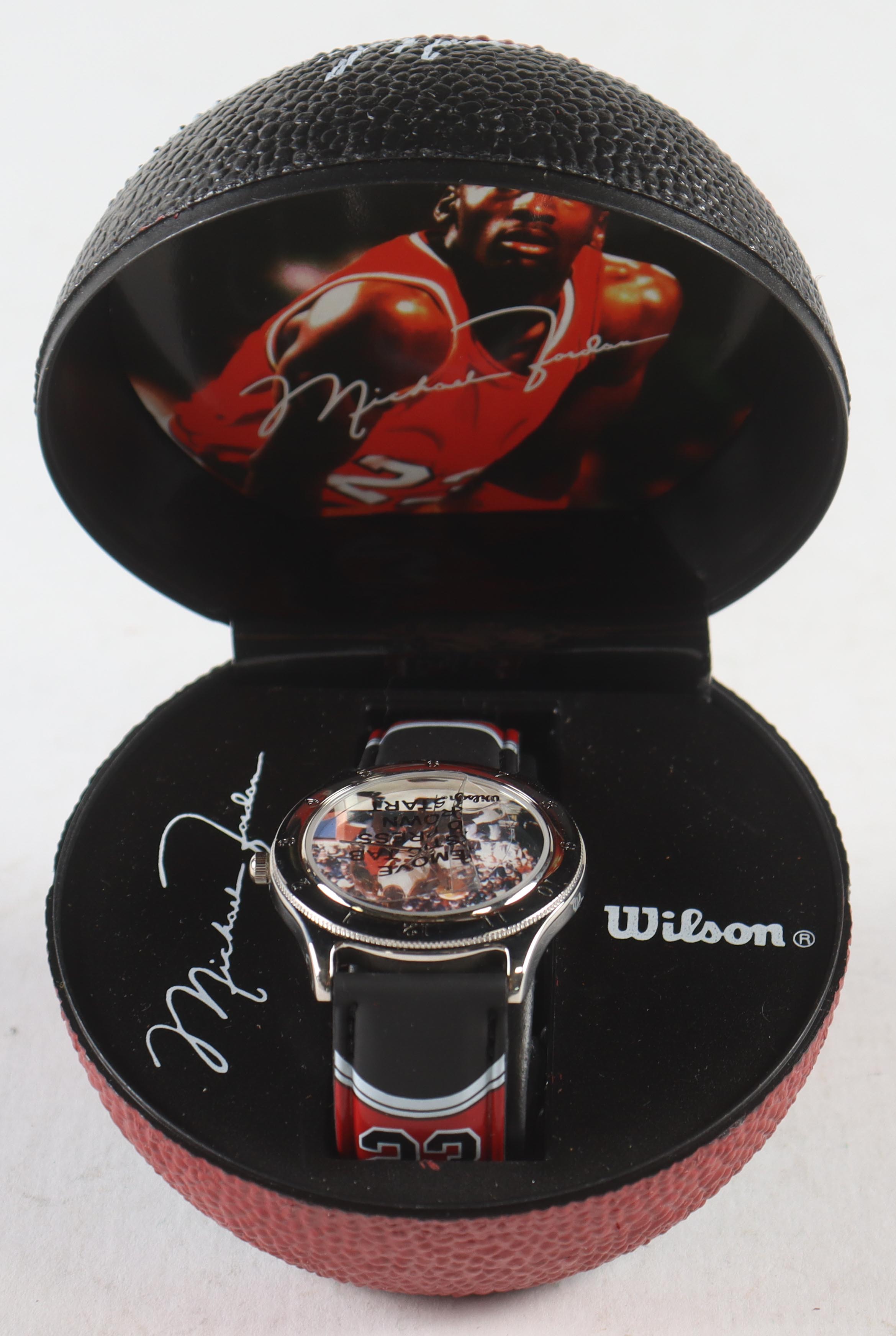 Michael Jordan Wilson Commemorative Watch in Original Mini Basketball Display Case at PristineAuction.com Michael Jordan Wilson Commemorative Watch in Original Mini Basketball Display Case at PristineAuction.com