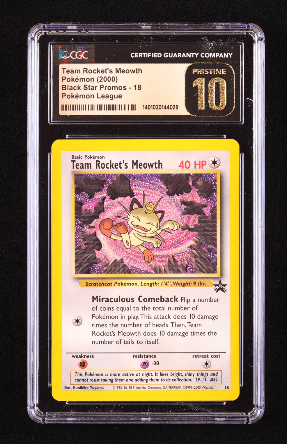 TR's Meowth 1999-02 Pokemon Wizards of the Coast Black Star Promos #18 (CGC 10 | Pristine Black Label) at PristineAuction.com TR's Meowth 1999-02 Pokemon Wizards of the Coast Black Star Promos #18 (CGC 10 | Pristine Black Label) at PristineAuction.com
