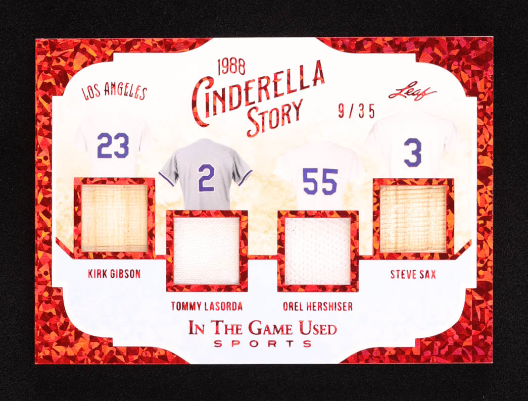 Kirk Gibson / Tommy Lasorda / Orel Hershiser / Steve Sax 2022 ITG Used Sports Cinderella Story Materials Red Pattern #CS02 #9/35 at PristineAuction.com Kirk Gibson / Tommy Lasorda / Orel Hershiser / Steve Sax 2022 ITG Used Sports Cinderella Story Materials Red Pattern #CS02 #9/35 at PristineAuction.com