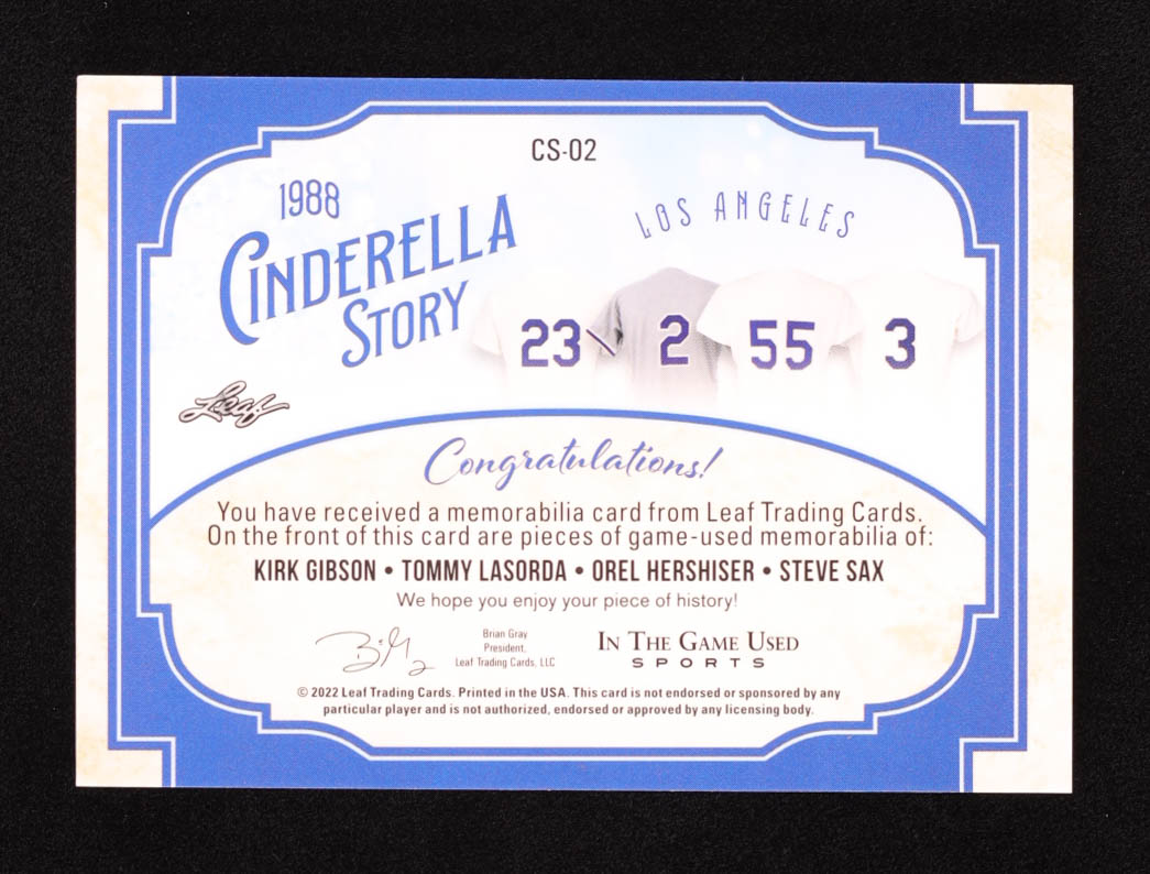 Kirk Gibson / Tommy Lasorda / Orel Hershiser / Steve Sax 2022 ITG Used Sports Cinderella Story Materials Red Pattern #CS02 #9/35 at PristineAuction.com Kirk Gibson / Tommy Lasorda / Orel Hershiser / Steve Sax 2022 ITG Used Sports Cinderella Story Materials Red Pattern #CS02 #9/35 at PristineAuction.com
