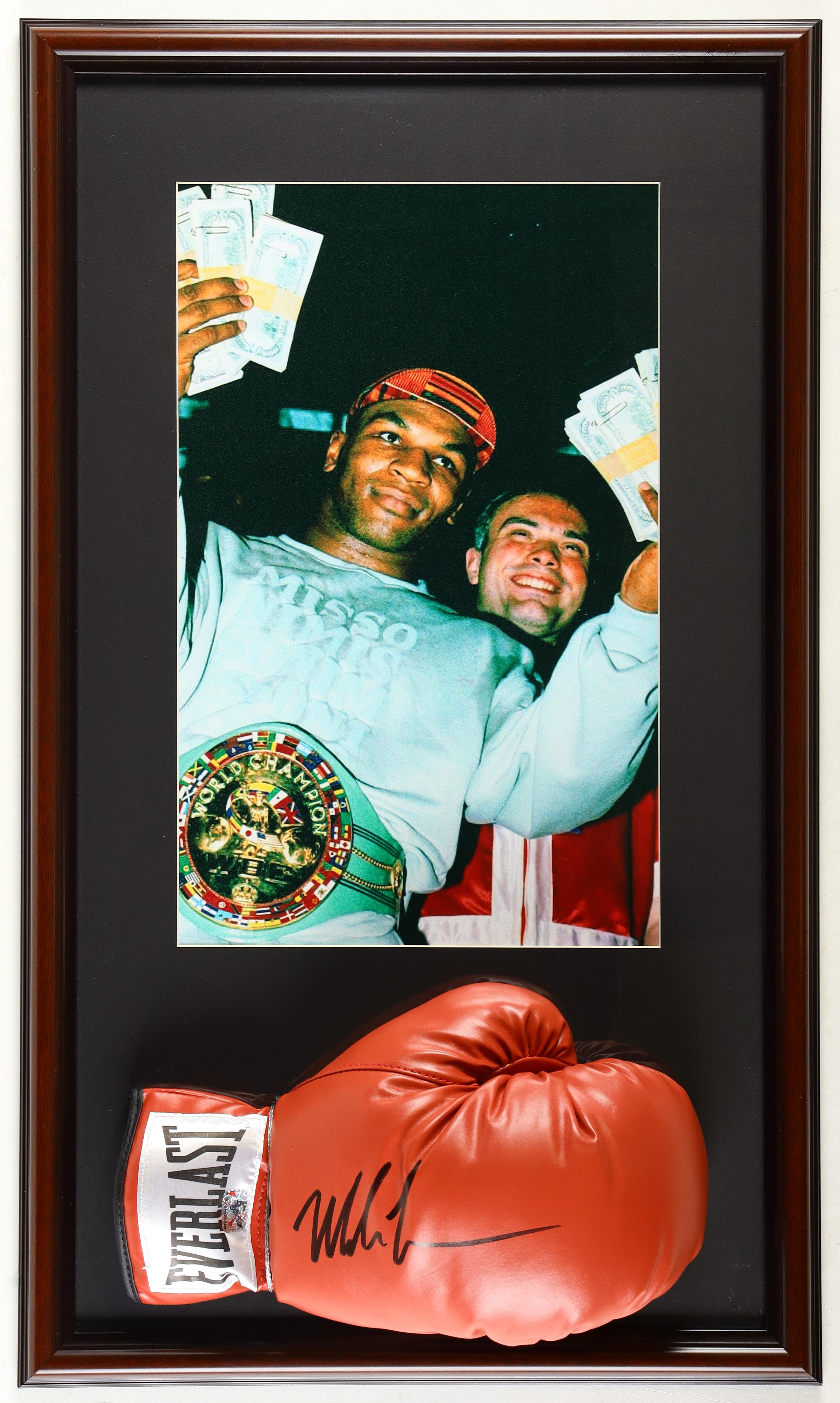 Mike Tyson Signed Custom Framed Everlast Boxing Glove Display with Photo (Tyson) at PristineAuction.com Mike Tyson Signed Custom Framed Everlast Boxing Glove Display with Photo (Tyson) at PristineAuction.com