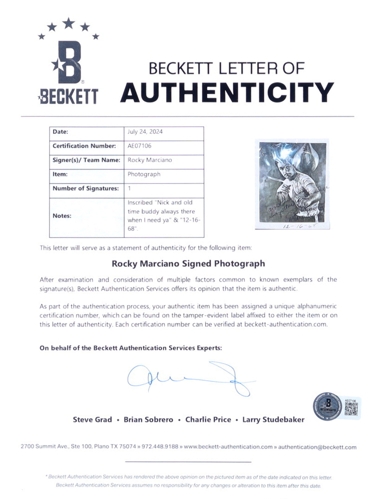 Rocky Marciano Signed Custom Framed Photo Display Inscribed "Nick an Old Time Buddy Always There When I Need Ya" & "12-16-68" (Beckett) at PristineAuction.com Rocky Marciano Signed Custom Framed Photo Display Inscribed "Nick an Old Time Buddy Always There When I Need Ya" & "12-16-68" (Beckett) at PristineAuction.com