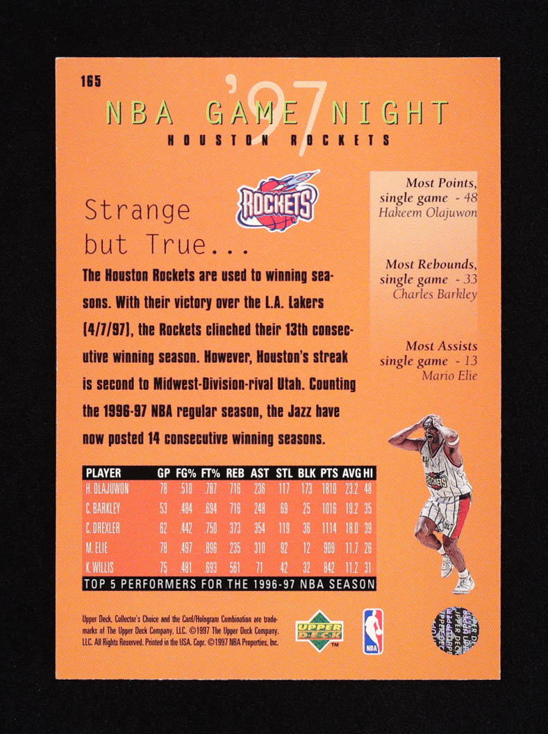 1997-98 Collector's Choice #165 Hakeem Olajuwon / Clyde Drexler / Charles Barkley / Kevin Willis at PristineAuction.com 1997-98 Collector's Choice #165 Hakeem Olajuwon / Clyde Drexler / Charles Barkley / Kevin Willis at PristineAuction.com