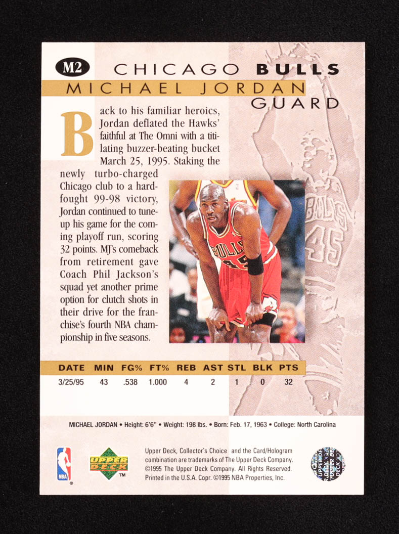 Michael Jordan 1995-96 Collector's Choice Jordan He's Back #M2 Buzzer Beater vs Hawks at PristineAuction.com Michael Jordan 1995-96 Collector's Choice Jordan He's Back #M2 Buzzer Beater vs Hawks at PristineAuction.com
