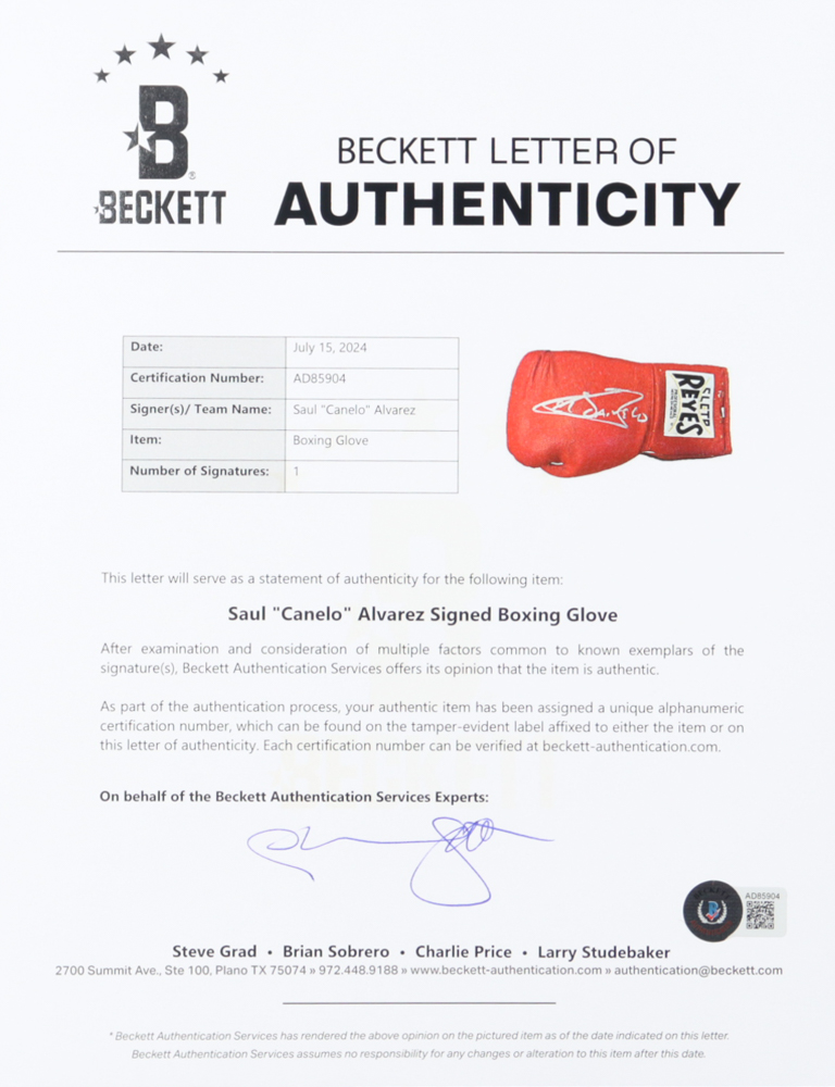 Canelo Alvarez Signed Cleto Reyes Boxing Glove (Beckett) at PristineAuction.com Canelo Alvarez Signed Cleto Reyes Boxing Glove (Beckett) at PristineAuction.com