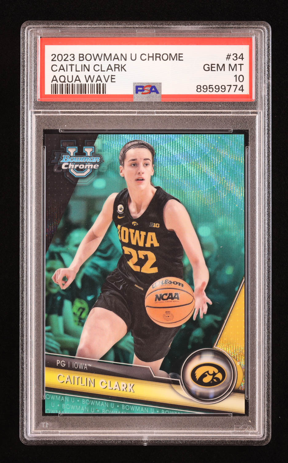 Caitlin Clark 2023-24 Bowman Chrome University Aqua Wave Refractors #34 #085/299 RC (PSA 10) at PristineAuction.com Caitlin Clark 2023-24 Bowman Chrome University Aqua Wave Refractors #34 #085/299 RC (PSA 10) at PristineAuction.com