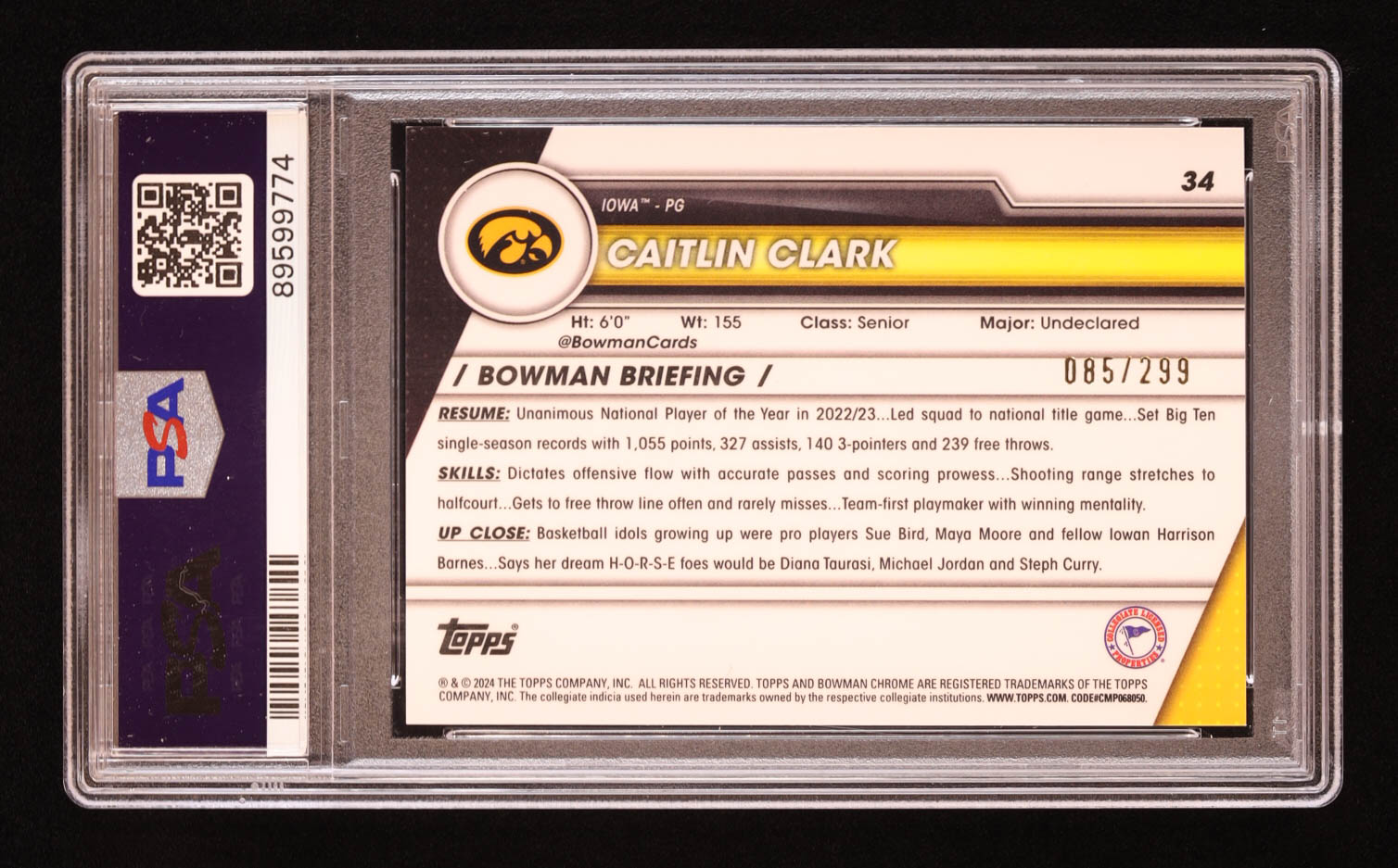 Caitlin Clark 2023-24 Bowman Chrome University Aqua Wave Refractors #34 #085/299 RC (PSA 10) at PristineAuction.com Caitlin Clark 2023-24 Bowman Chrome University Aqua Wave Refractors #34 #085/299 RC (PSA 10) at PristineAuction.com