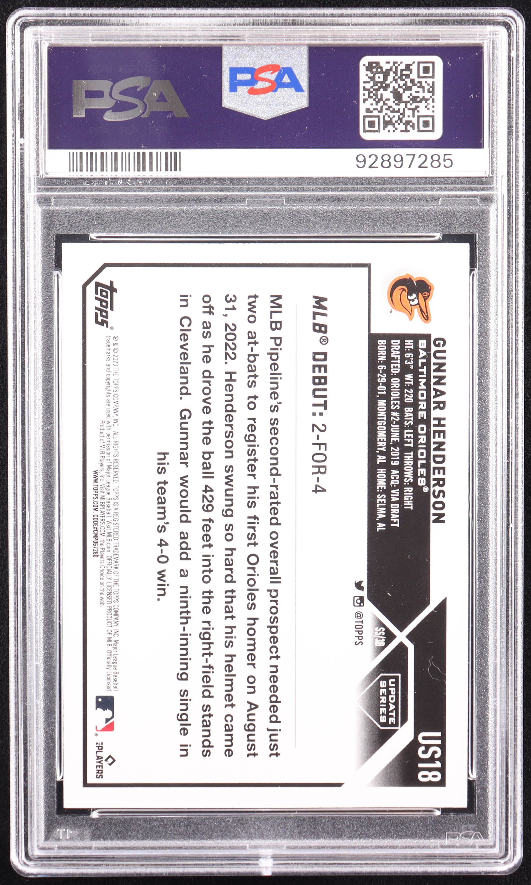 Gunnar Henderson 2023 Topps Update #US18 RC (PSA 10) at PristineAuction.com Gunnar Henderson 2023 Topps Update #US18 RC (PSA 10) at PristineAuction.com