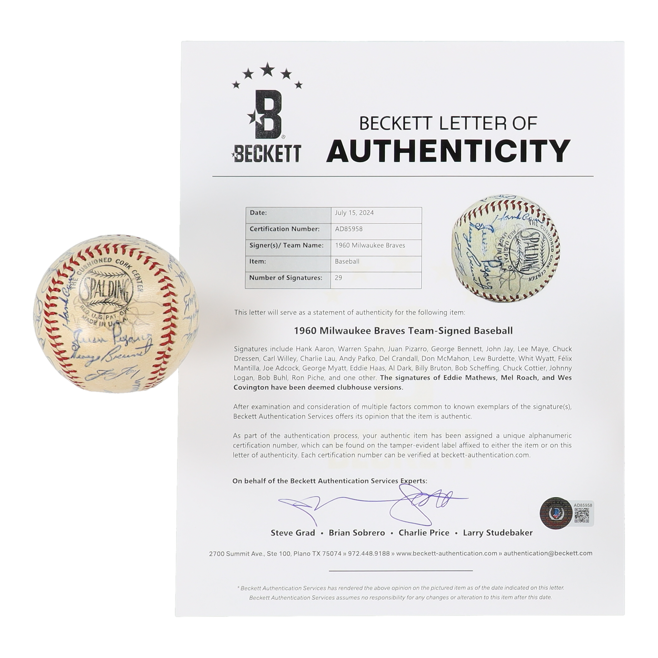 1960 Milwaukee Braves ONL Baseball Signed by (29) with Hank Aaron, Warren Spahn, Juan Pizarro, George Bennett (Beckett) at PristineAuction.com 1960 Milwaukee Braves ONL Baseball Signed by (29) with Hank Aaron, Warren Spahn, Juan Pizarro, George Bennett (Beckett) at PristineAuction.com