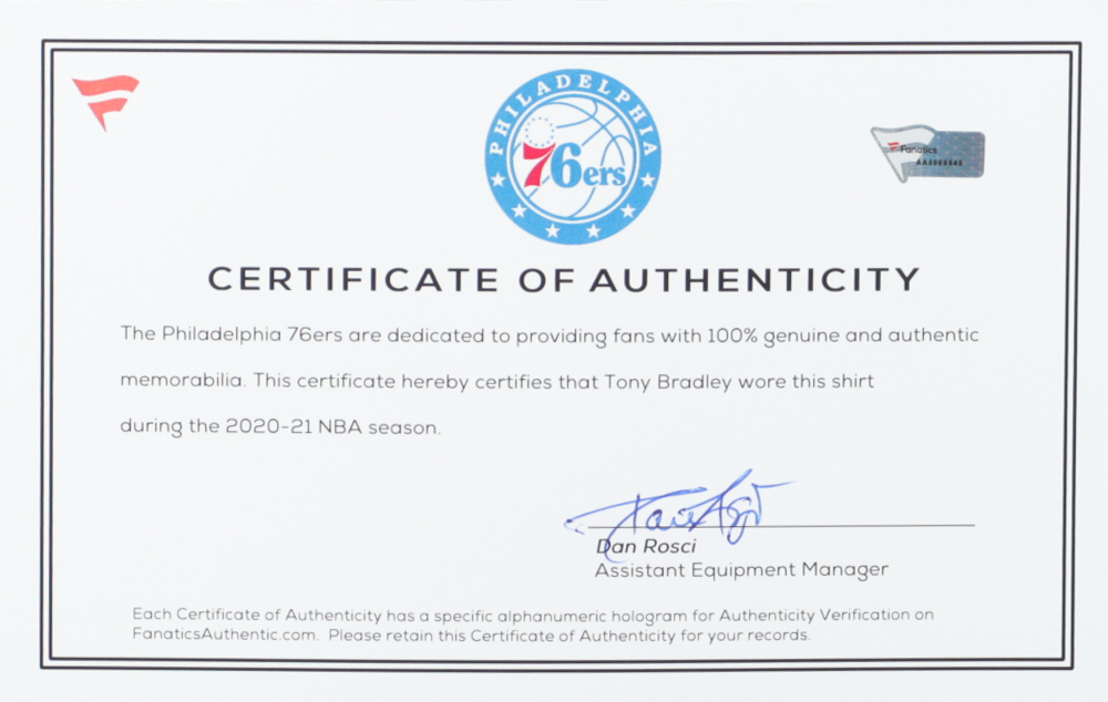 Tony Bradley Game-Used 76ers Warm-Up Shirt (Fanatics) at PristineAuction.com Tony Bradley Game-Used 76ers Warm-Up Shirt (Fanatics) at PristineAuction.com