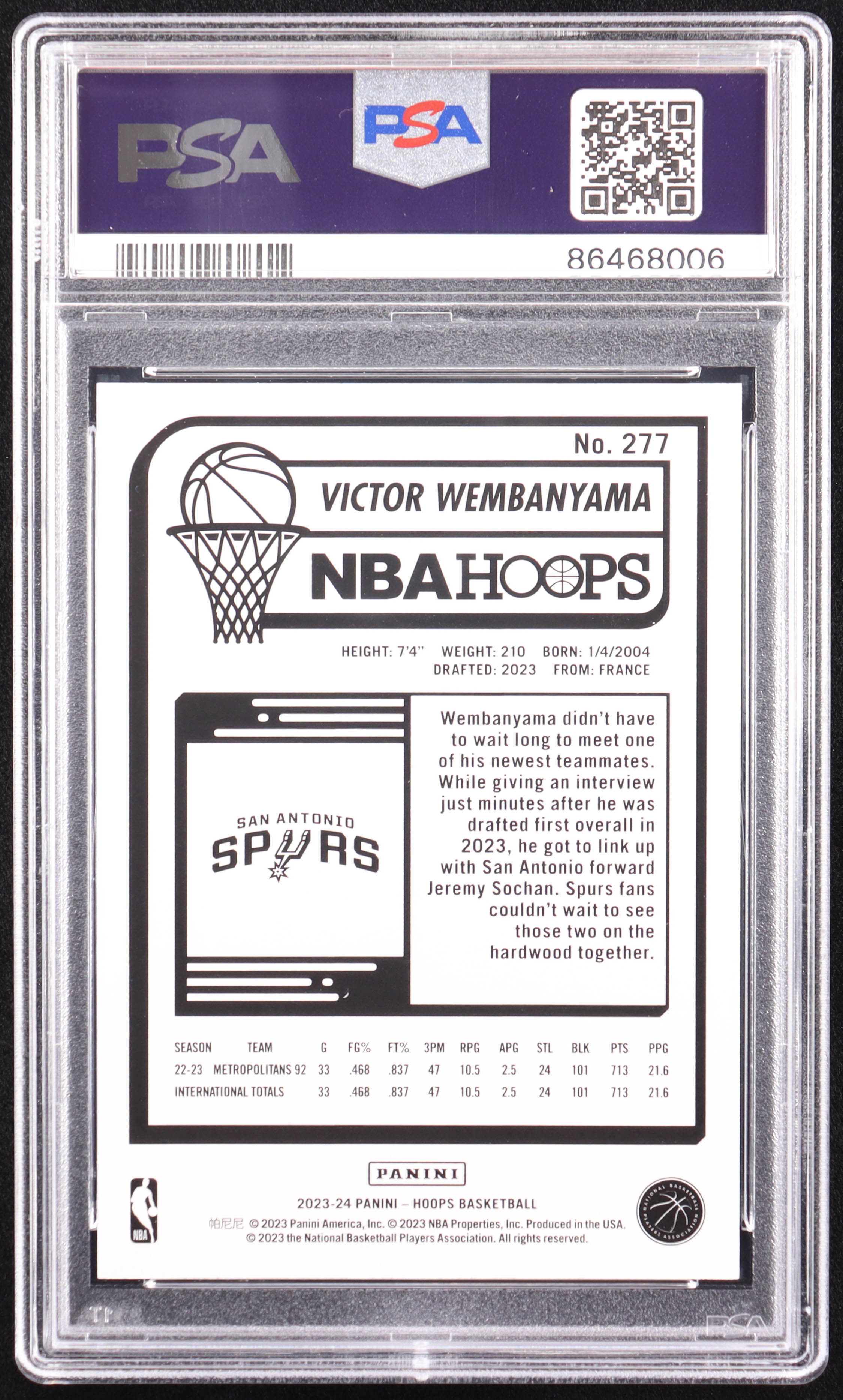Victor Wembanyama 2023-24 Hoops #277 RC (PSA 10) at PristineAuction.com Victor Wembanyama 2023-24 Hoops #277 RC (PSA 10) at PristineAuction.com