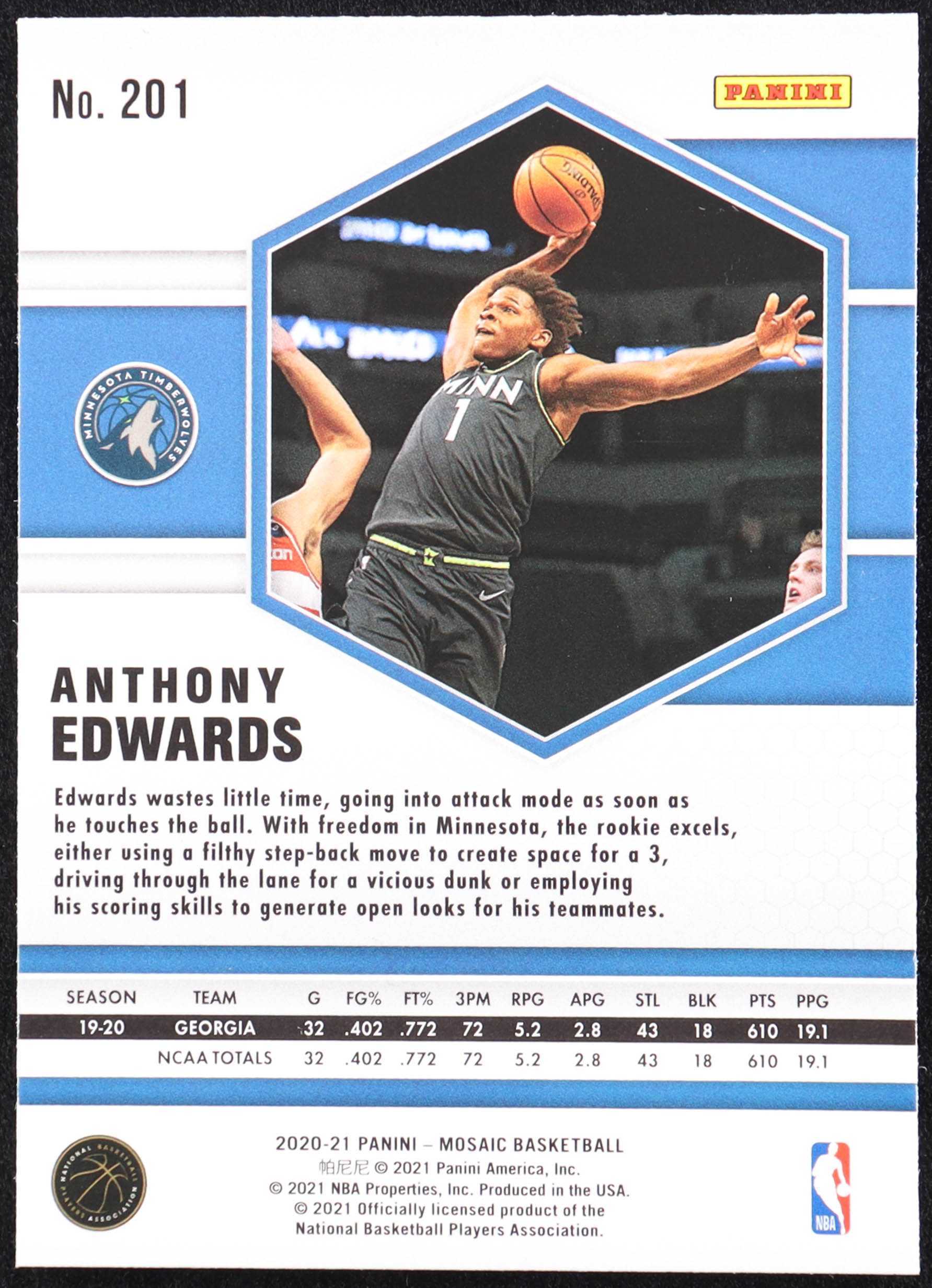 Anthony Edwards 2020-21 Panini Mosaic Silver #201 RC at PristineAuction.com Anthony Edwards 2020-21 Panini Mosaic Silver #201 RC at PristineAuction.com