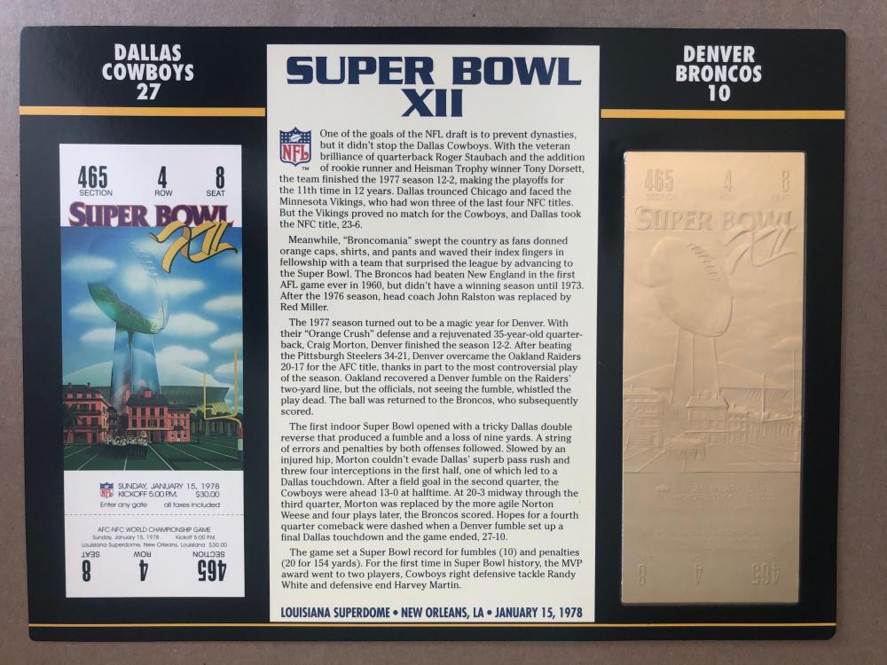 Super Bowl XII (12) Collectible Patch 2 3/8" - Dallas Cowboys Vs Denver Broncos NFL Football Memorabilia