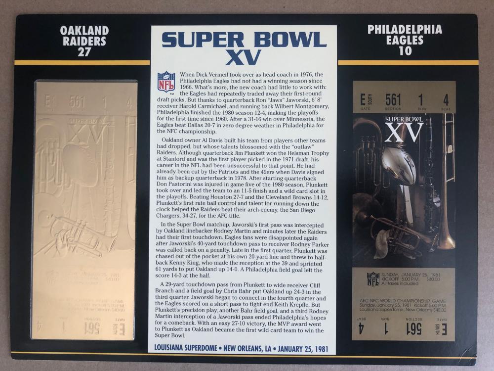 1981 Commemorative Super Bowl XV Card with Gold Ticket: Raiders vs Eagles at PristineAuction.com 1981 Commemorative Super Bowl XV Card with Gold Ticket: Raiders vs Eagles at PristineAuction.com