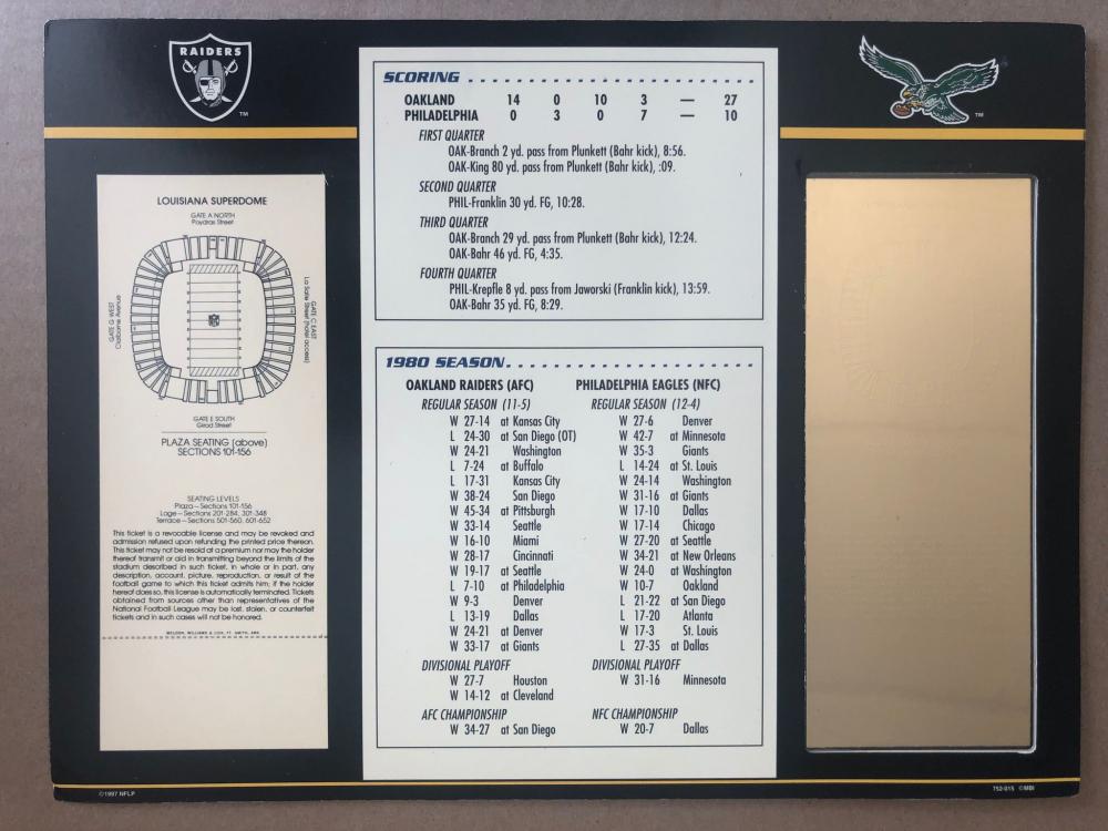 1981 Commemorative Super Bowl XV Card with Gold Ticket: Raiders vs Eagles at PristineAuction.com 1981 Commemorative Super Bowl XV Card with Gold Ticket: Raiders vs Eagles at PristineAuction.com
