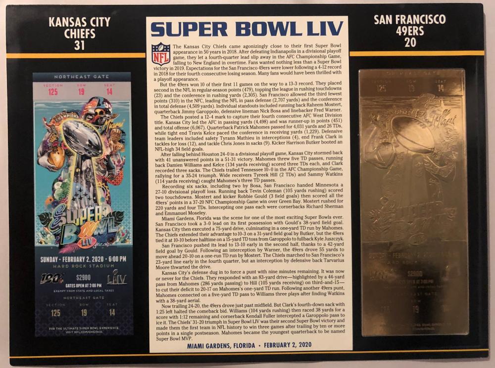 2020 Commemorative Super Bowl LIV Card with Gold Ticket: Chiefs vs 49ers at PristineAuction.com 2020 Commemorative Super Bowl LIV Card with Gold Ticket: Chiefs vs 49ers at PristineAuction.com