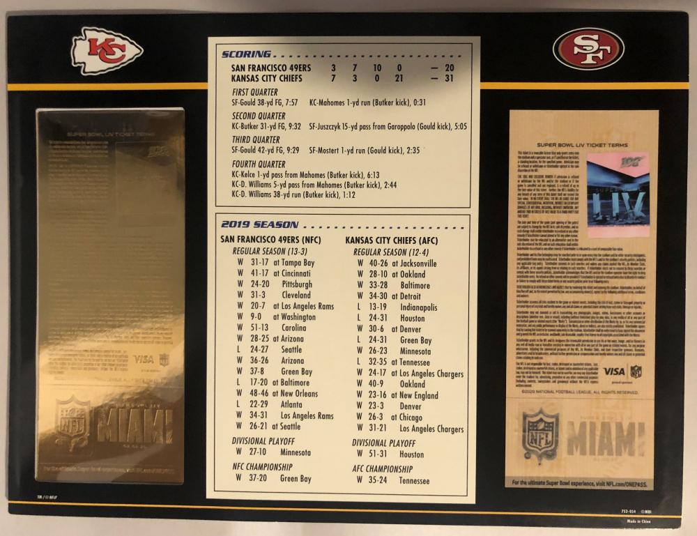 2020 Commemorative Super Bowl LIV Card with Gold Ticket: Chiefs vs 49ers at PristineAuction.com 2020 Commemorative Super Bowl LIV Card with Gold Ticket: Chiefs vs 49ers at PristineAuction.com