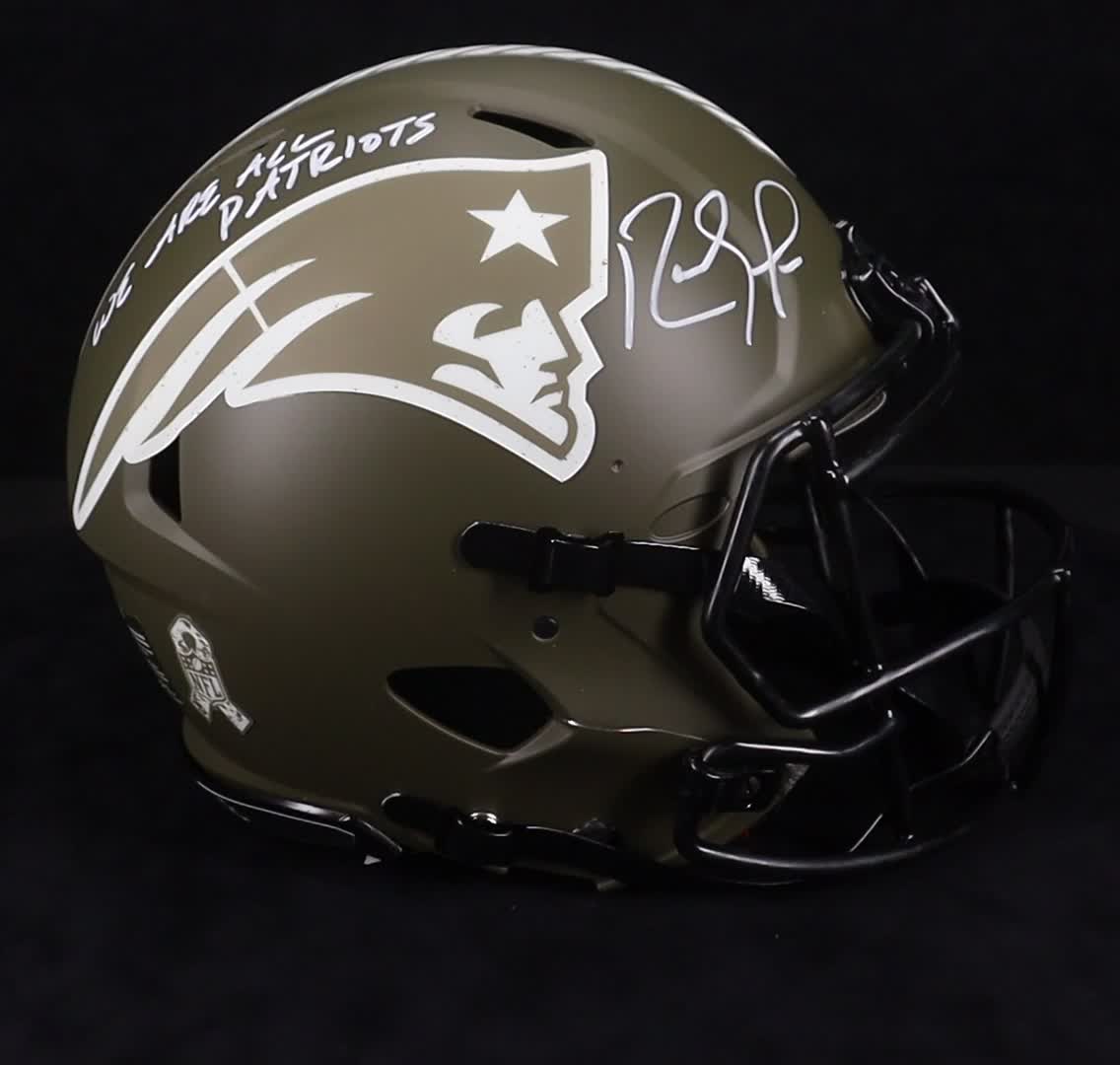 Randy Moss Signed Patriots Full-Size Authentic On-Field Salute To Service Alternate Speed Helmet Inscribed "We Are All Patriots" with Display Case (Beckett) at PristineAuction.com