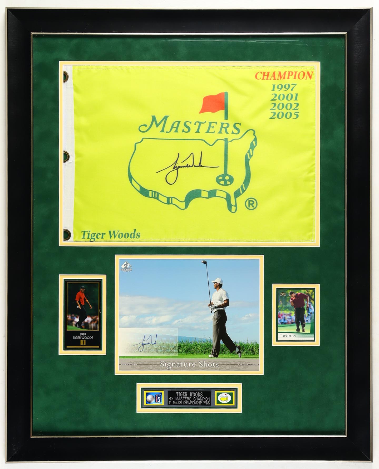Tiger Woods Signed Custom Framed 2005 SP Signature Tiger Woods Signature Shots 8x10 Trading Card Display With Pin Flag & (2) Trading Cards (Beckett) at PristineAuction.com Tiger Woods Signed Custom Framed 2005 SP Signature Tiger Woods Signature Shots 8x10 Trading Card Display With Pin Flag & (2) Trading Cards (Beckett) at PristineAuction.com
