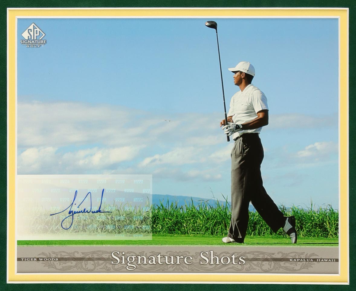 Tiger Woods Signed Custom Framed 2005 SP Signature Tiger Woods Signature Shots 8x10 Trading Card Display With Pin Flag & (2) Trading Cards (Beckett) at PristineAuction.com Tiger Woods Signed Custom Framed 2005 SP Signature Tiger Woods Signature Shots 8x10 Trading Card Display With Pin Flag & (2) Trading Cards (Beckett) at PristineAuction.com