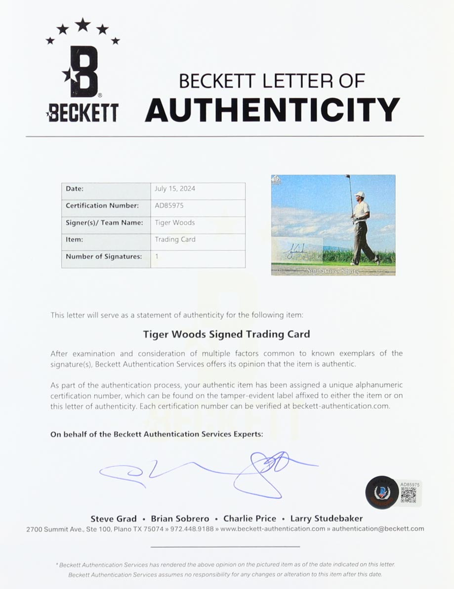 Tiger Woods Signed Custom Framed 2005 SP Signature Tiger Woods Signature Shots 8x10 Trading Card Display With Pin Flag & (2) Trading Cards (Beckett) at PristineAuction.com Tiger Woods Signed Custom Framed 2005 SP Signature Tiger Woods Signature Shots 8x10 Trading Card Display With Pin Flag & (2) Trading Cards (Beckett) at PristineAuction.com