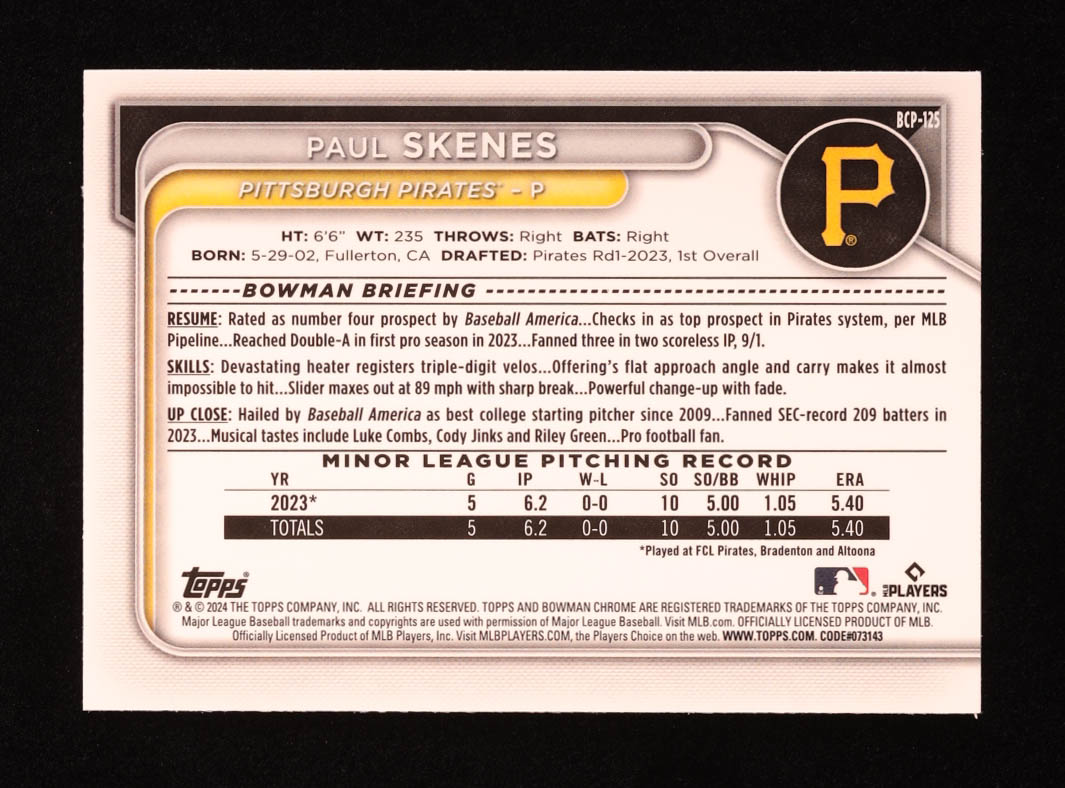 Paul Skenes 2024 Bowman Chrome Prospects #BCP125 RC at PristineAuction.com Paul Skenes 2024 Bowman Chrome Prospects #BCP125 RC at PristineAuction.com