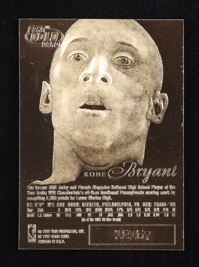 Kobe Bryant 1996-97 Flair Showcase Feel the Game Purple 23Kt Gold RC at PristineAuction.com Kobe Bryant 1996-97 Flair Showcase Feel the Game Purple 23Kt Gold RC at PristineAuction.com