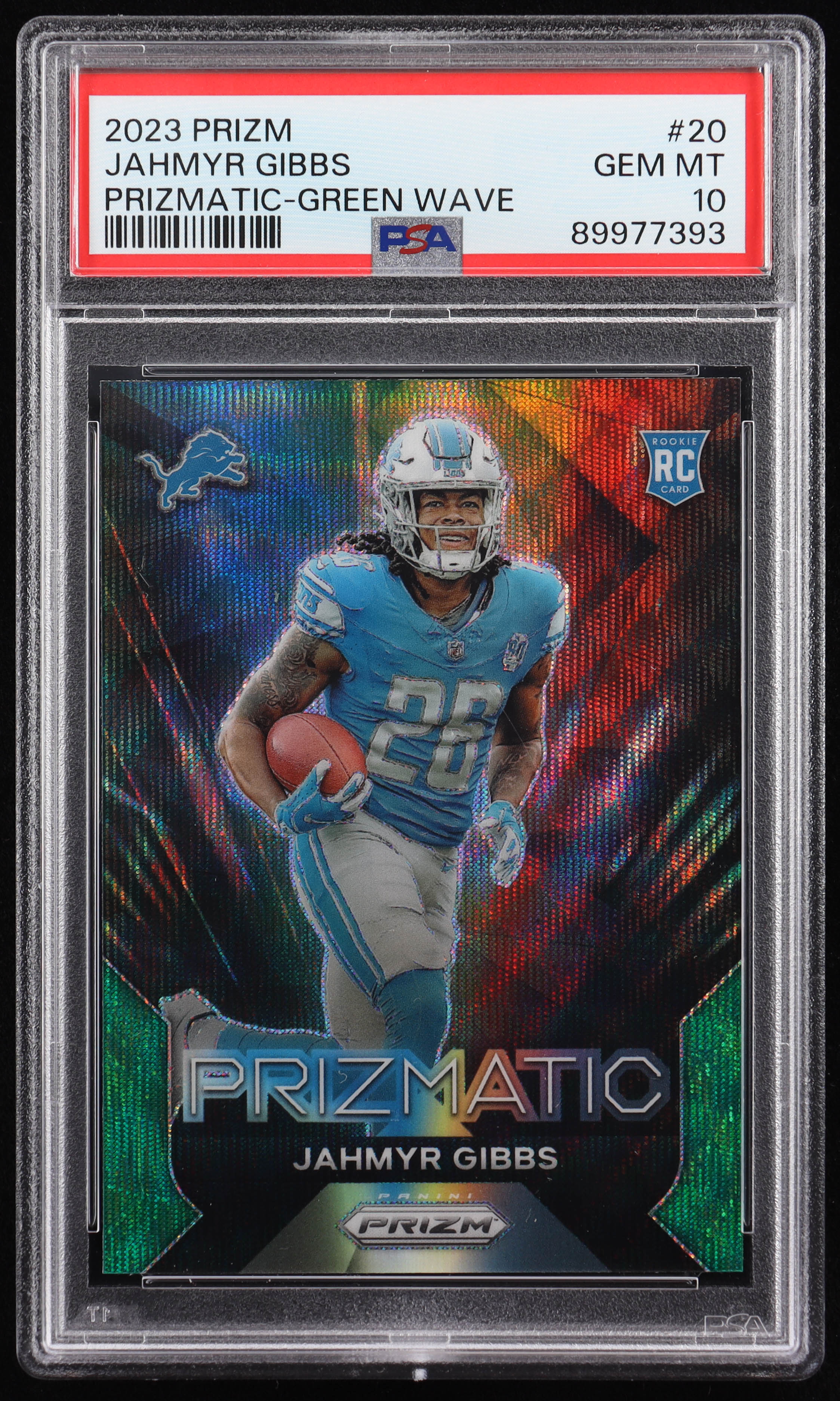 Jahmyr Gibbs 2023 Panini Prizm Prizmatic Prizms Green Wave #20 RC (PSA 10) at PristineAuction.com Jahmyr Gibbs 2023 Panini Prizm Prizmatic Prizms Green Wave #20 RC (PSA 10) at PristineAuction.com